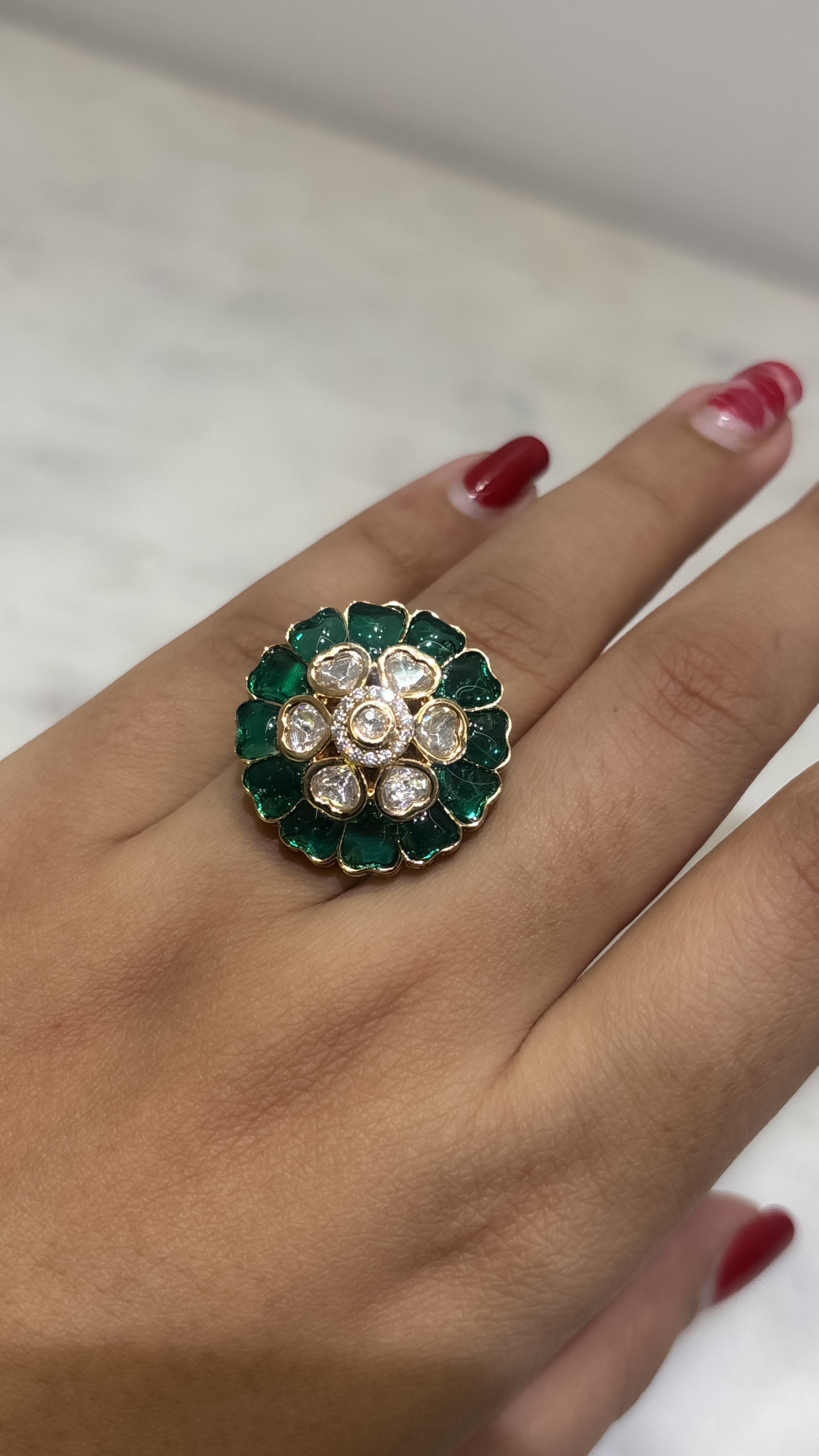 Emerald Floral Statement AD adjustable Ring