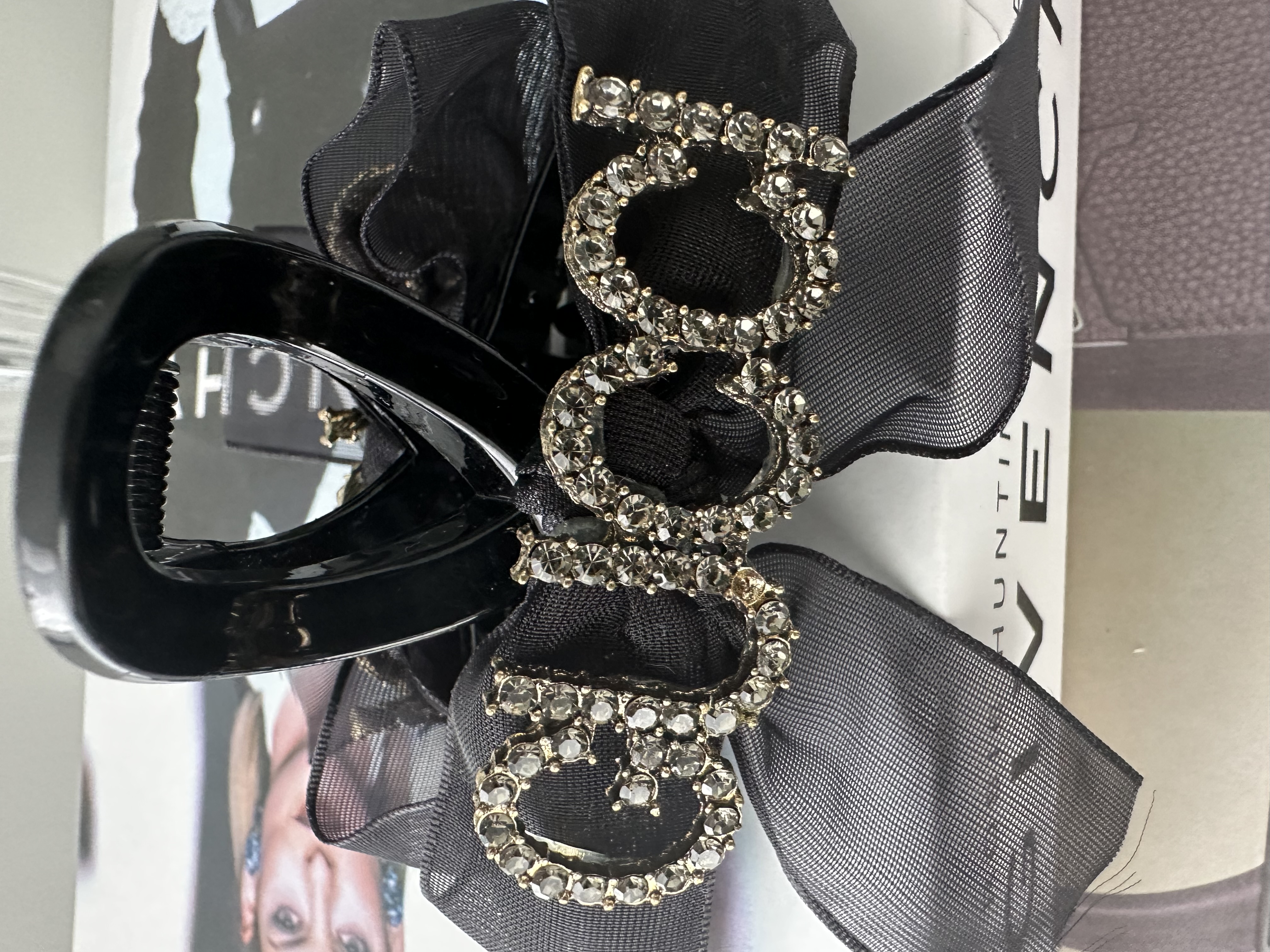 Black Hair Clip with Rhinestone Letters