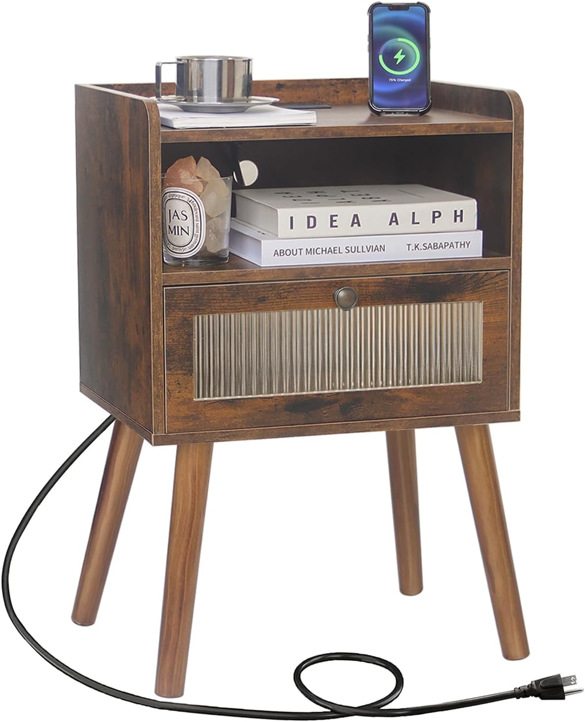 Mid Century Night Stand with Charging Station, Wood Bedside Table with Glass Drawer, Small Modern Nightstand End Side Table with 2 Tiers Storage for Bedroom, Office(Rustic Brown)