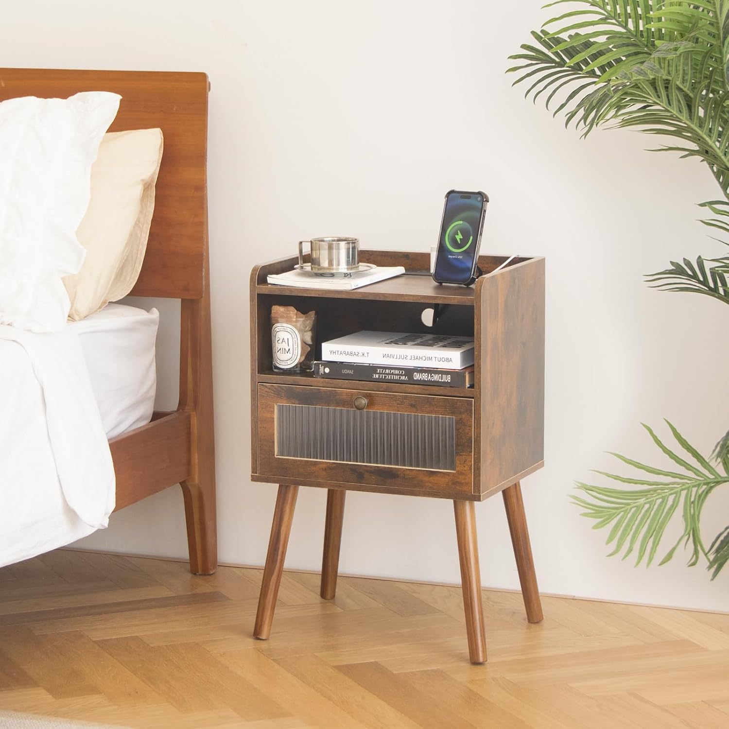 Mid Century Night Stand with Charging Station, Wood Bedside Table with Glass Drawer, Small Modern Nightstand End Side Table with 2 Tiers Storage for Bedroom, Office(Rustic Brown)