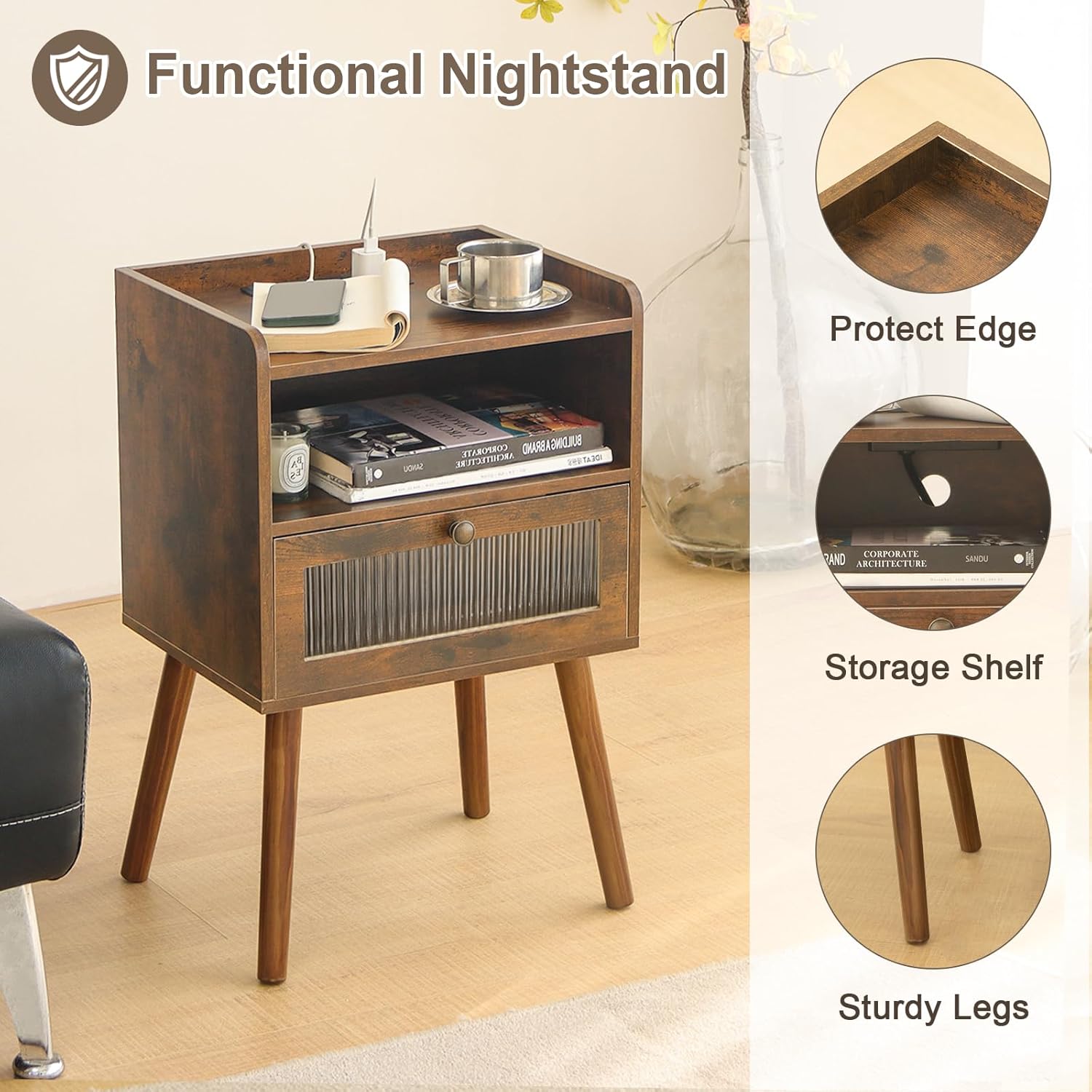Mid Century Night Stand with Charging Station, Wood Bedside Table with Glass Drawer, Small Modern Nightstand End Side Table with 2 Tiers Storage for Bedroom, Office(Rustic Brown)