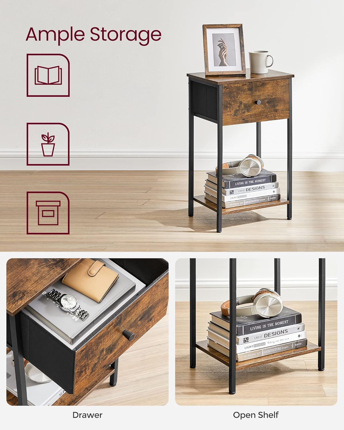 Nightstand, Side Table with Fabric Drawer, 24-Inch Tall End Table with Storage Shelf, Bedroom, Rustic Brown and Black