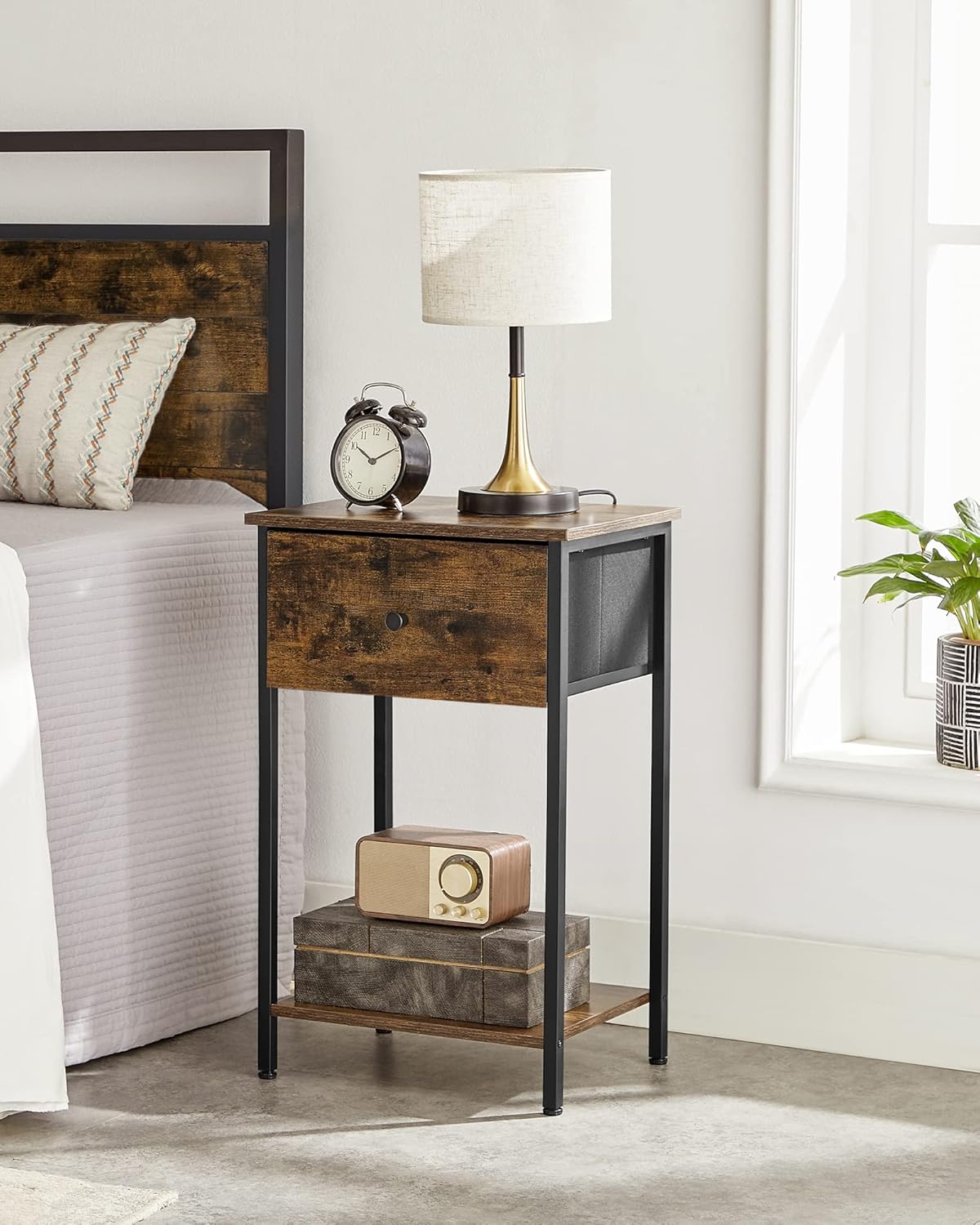 Nightstand, Side Table with Fabric Drawer, 24-Inch Tall End Table with Storage Shelf, Bedroom, Rustic Brown and Black