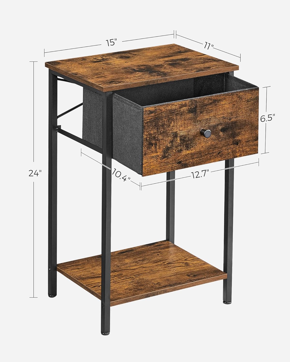 Nightstand, Side Table with Fabric Drawer, 24-Inch Tall End Table with Storage Shelf, Bedroom, Rustic Brown and Black