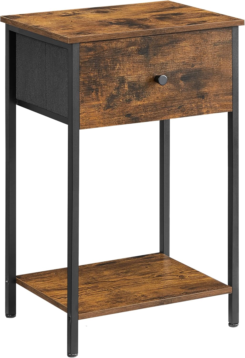 Nightstand, Side Table with Fabric Drawer, 24-Inch Tall End Table with Storage Shelf, Bedroom, Rustic Brown and Black