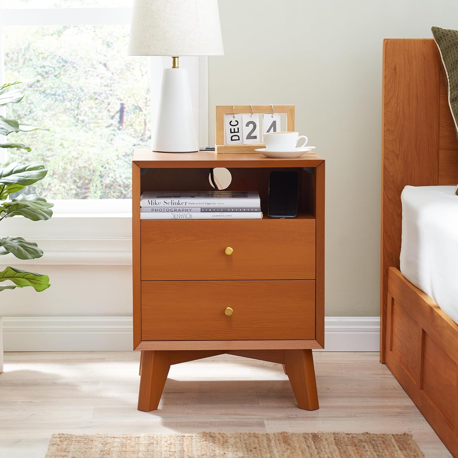 Nightstand with Charging Station, 18" Mid Century Modern Side Table, 2 Drawer Dresser, End Table w/Storage, Bedside Table for Bedroom, Living Room, Beveled Profile Design, Cherry