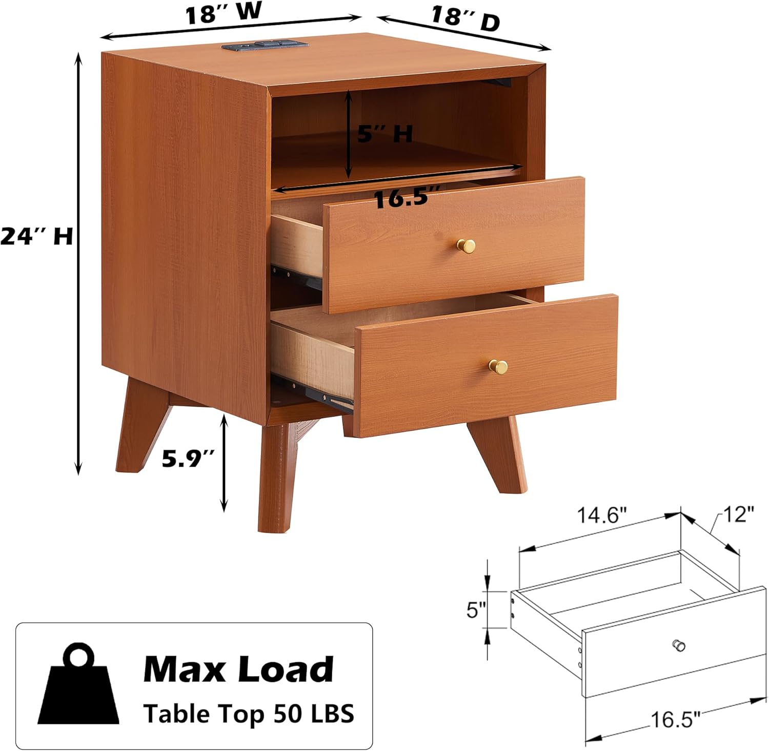 Nightstand with Charging Station, 18" Mid Century Modern Side Table, 2 Drawer Dresser, End Table w/Storage, Bedside Table for Bedroom, Living Room, Beveled Profile Design, Cherry