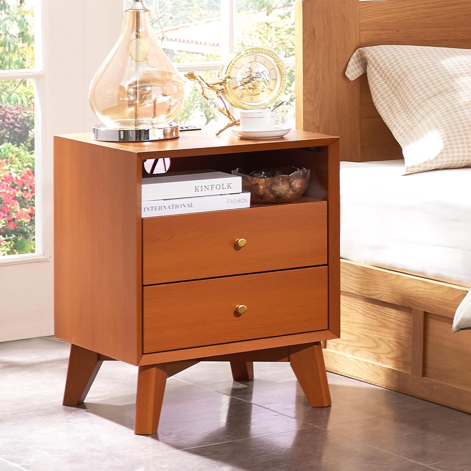 Nightstand with Charging Station, 18" Mid Century Modern Side Table, 2 Drawer Dresser, End Table w/Storage, Bedside Table for Bedroom, Living Room, Beveled Profile Design, Cherry