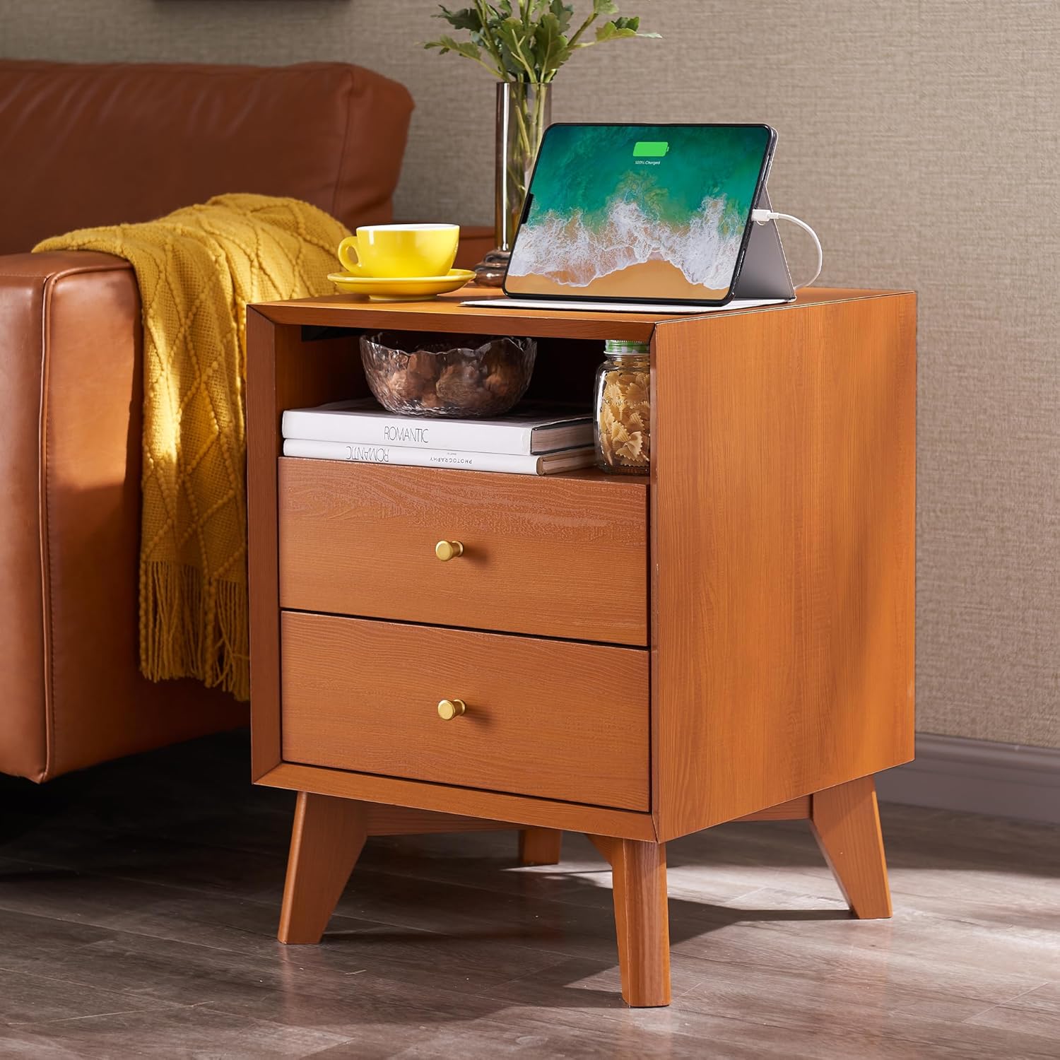 Nightstand with Charging Station, 18" Mid Century Modern Side Table, 2 Drawer Dresser, End Table w/Storage, Bedside Table for Bedroom, Living Room, Beveled Profile Design, Cherry