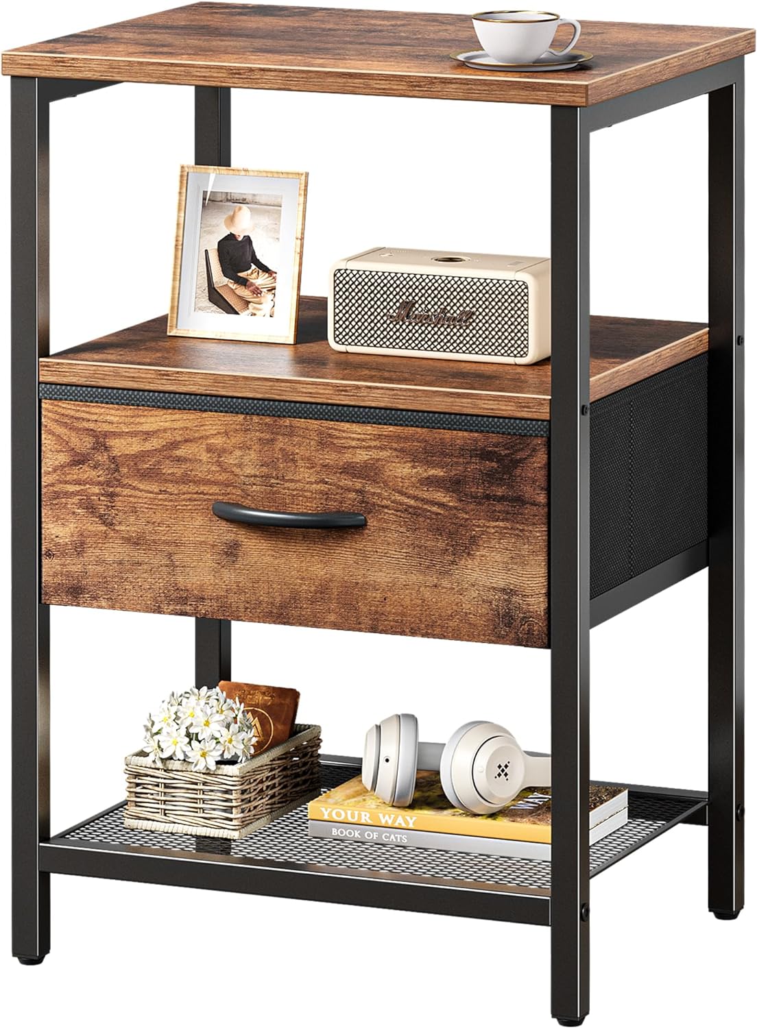 Night Stand with Fabric Drawer, Side Table with Mesh Shelf, Bedroom Nightstand, Fabric Drawer Dresser, Open Shelf, Metal Frame, Couch Side, Rustic Brown