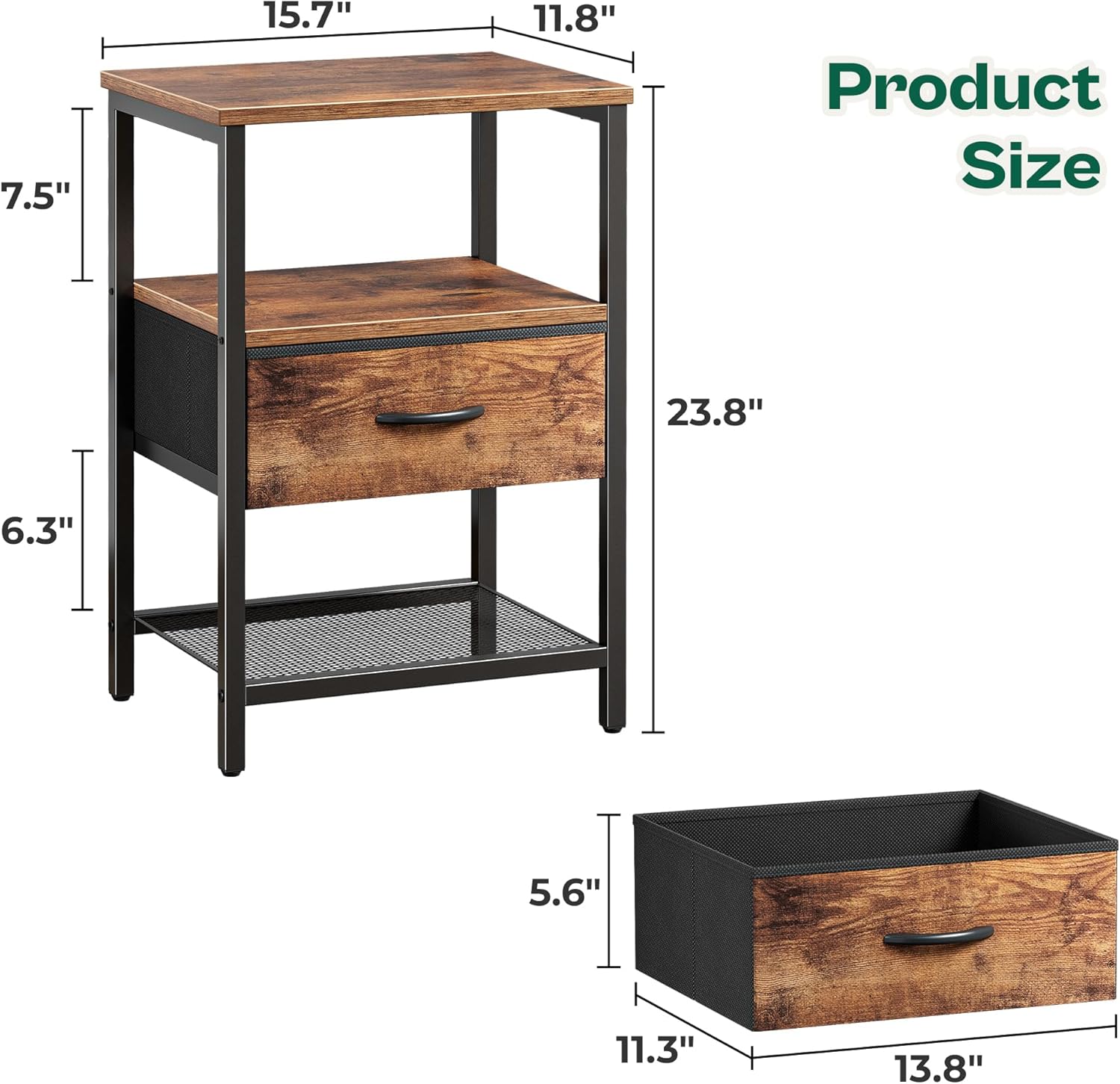 Night Stand with Fabric Drawer, Side Table with Mesh Shelf, Bedroom Nightstand, Fabric Drawer Dresser, Open Shelf, Metal Frame, Couch Side, Rustic Brown