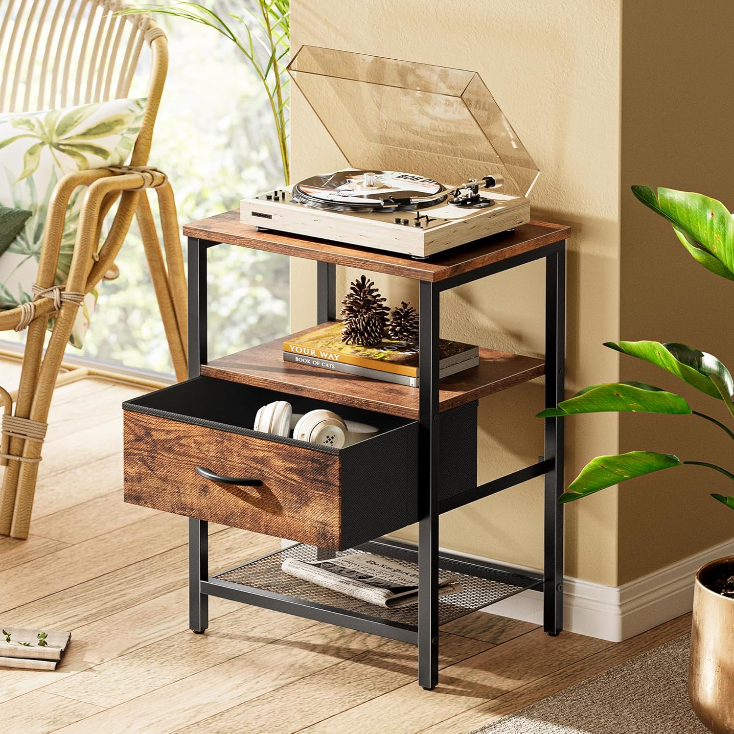 Night Stand with Fabric Drawer, Side Table with Mesh Shelf, Bedroom Nightstand, Fabric Drawer Dresser, Open Shelf, Metal Frame, Couch Side, Rustic Brown
