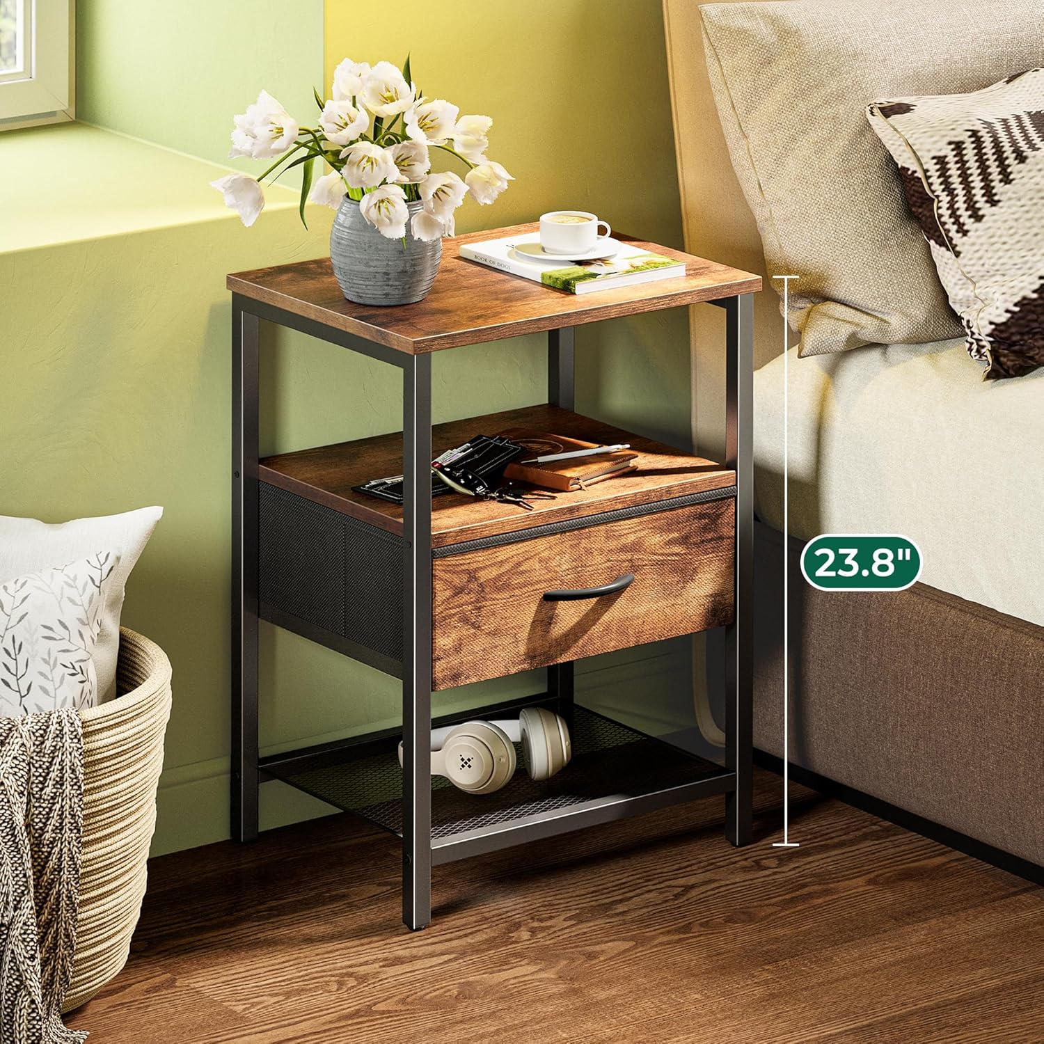 Night Stand with Fabric Drawer, Side Table with Mesh Shelf, Bedroom Nightstand, Fabric Drawer Dresser, Open Shelf, Metal Frame, Couch Side, Rustic Brown