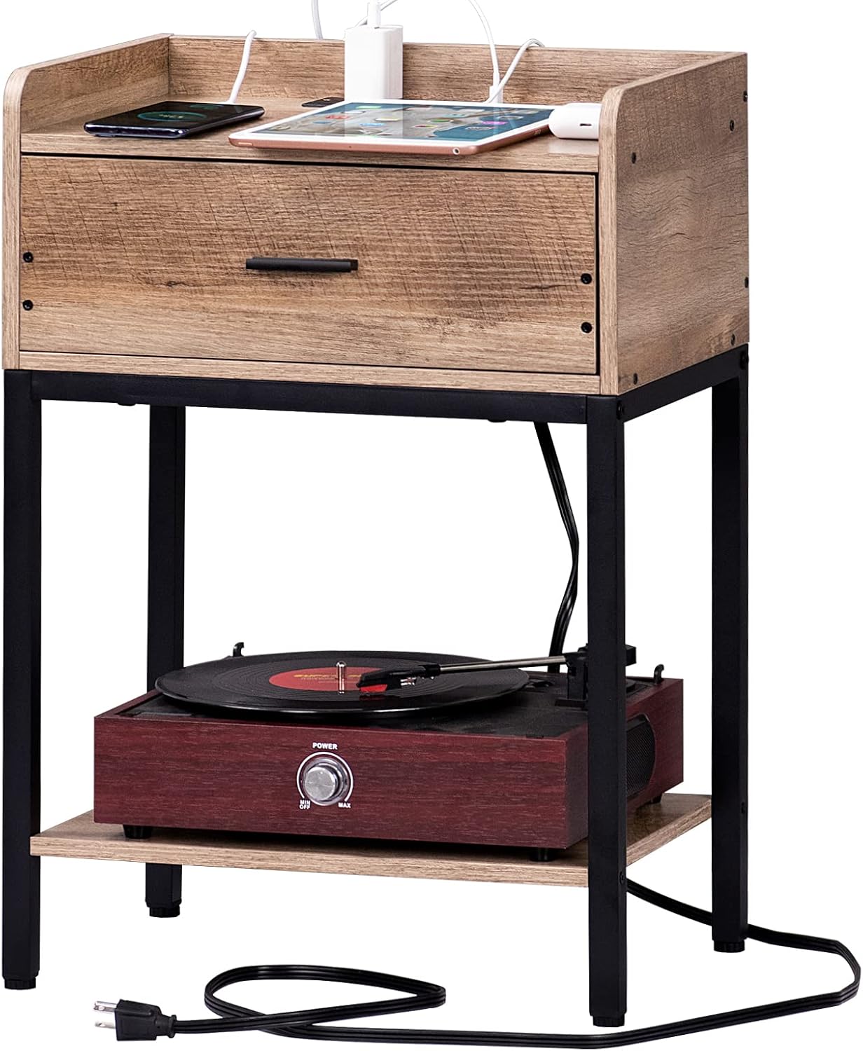 Nightstand with Charging Station and USB Ports, 3-Tier End Side Table with Storage Drawer and Shelf, Modern Bedside Night Stand for Bedroom, Living Room- Greige and Black