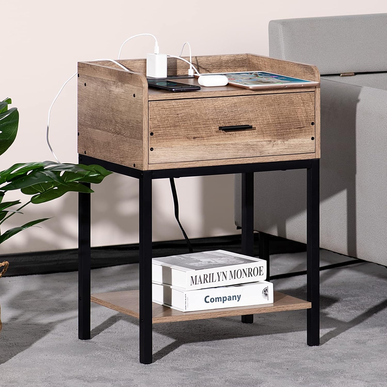 Nightstand with Charging Station and USB Ports, 3-Tier End Side Table with Storage Drawer and Shelf, Modern Bedside Night Stand for Bedroom, Living Room- Greige and Black