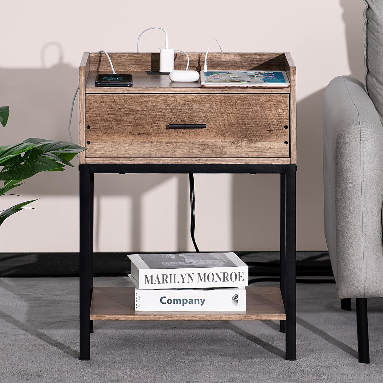 Nightstand with Charging Station and USB Ports, 3-Tier End Side Table with Storage Drawer and Shelf, Modern Bedside Night Stand for Bedroom, Living Room- Greige and Black
