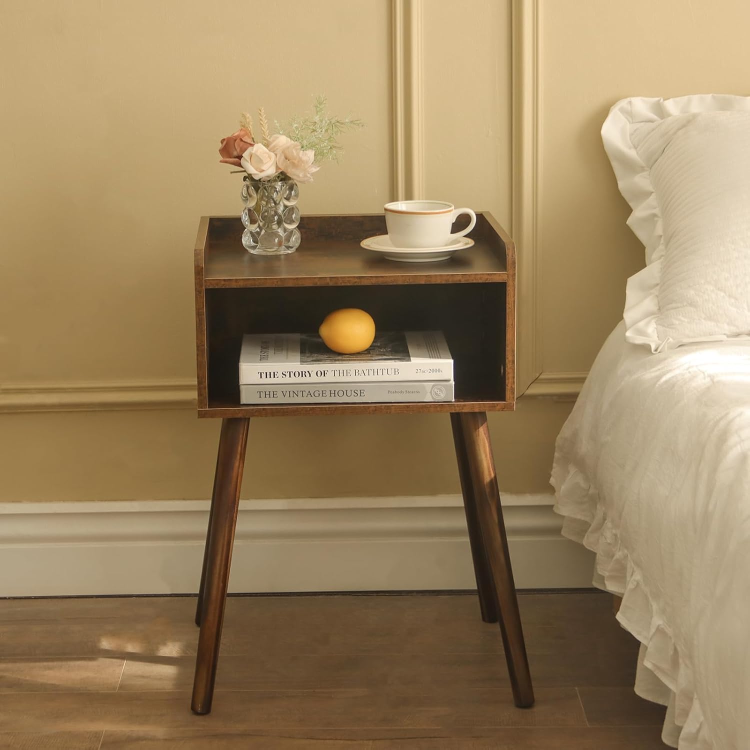 Nightstand, Mid Century Modern Side Table Bedroom with Storage, Small End Bedside Table with Solid Wood Legs for Living Room, Office Small Spaces (Rustic Brown)