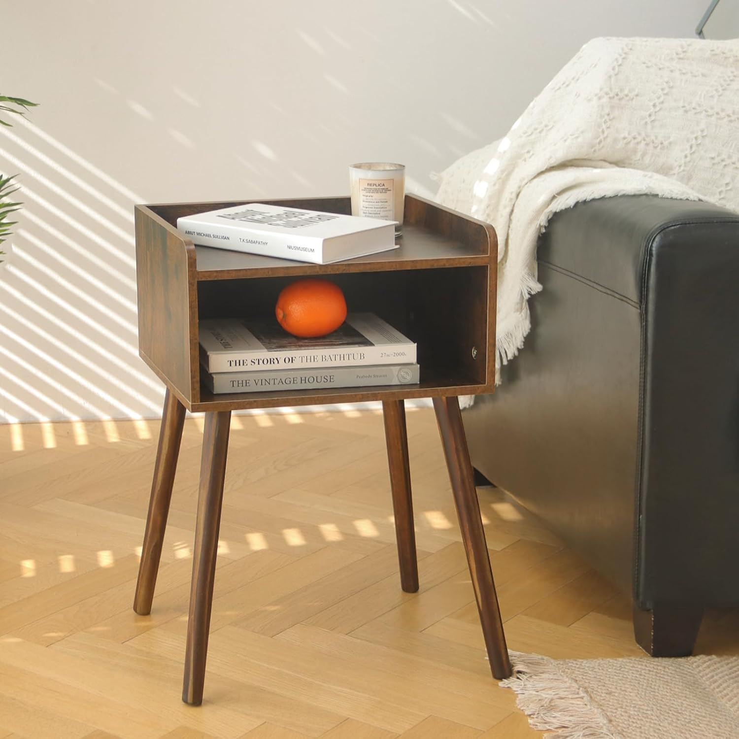 Nightstand, Mid Century Modern Side Table Bedroom with Storage, Small End Bedside Table with Solid Wood Legs for Living Room, Office Small Spaces (Rustic Brown)