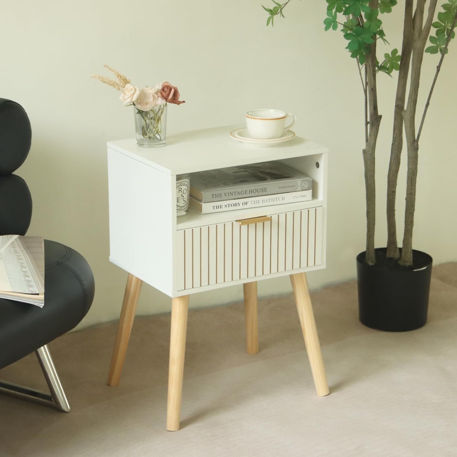 White Nightstand, Mid Century Modern Nightstand, Small Bedside Table End Table for Bedroom with 2-Tier Storage, White