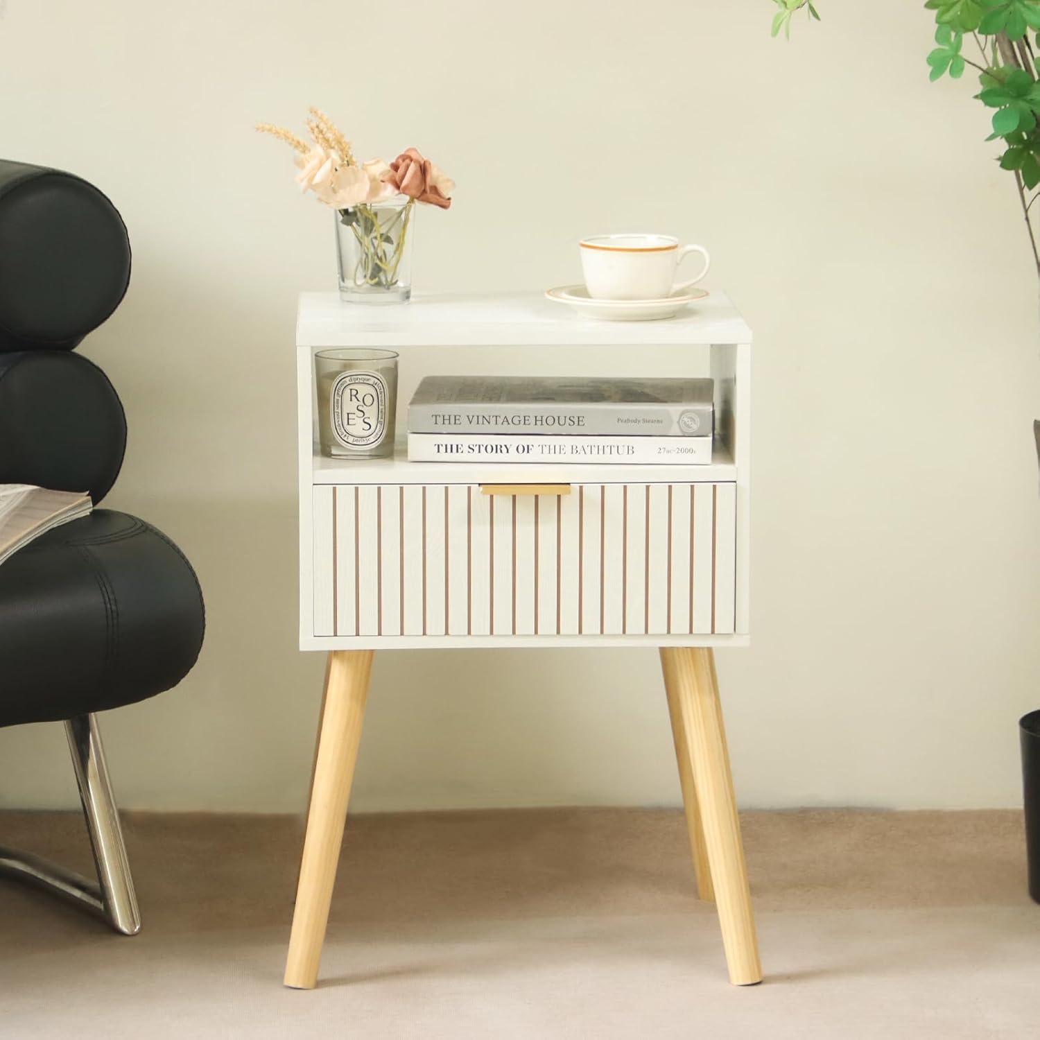 White Nightstand, Mid Century Modern Nightstand, Small Bedside Table End Table for Bedroom with 2-Tier Storage, White