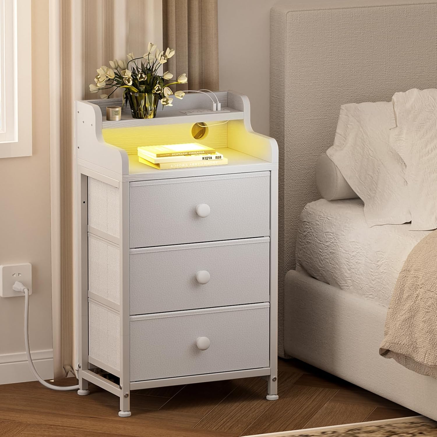 Nightstand with Charging Station, Tall White Night Stand with 3 Drawers and 2-Tier Shelf, Bedside Table with Sturdy Steel Frame Wood Top for Bedroom, Living Room, Hallway-White