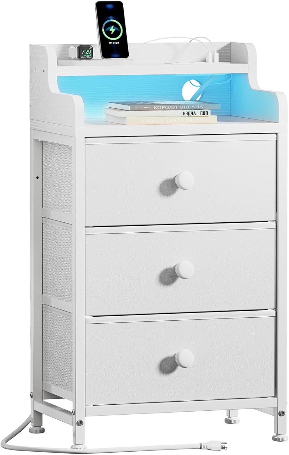 Nightstand with Charging Station, Tall White Night Stand with 3 Drawers and 2-Tier Shelf, Bedside Table with Sturdy Steel Frame Wood Top for Bedroom, Living Room, Hallway-White