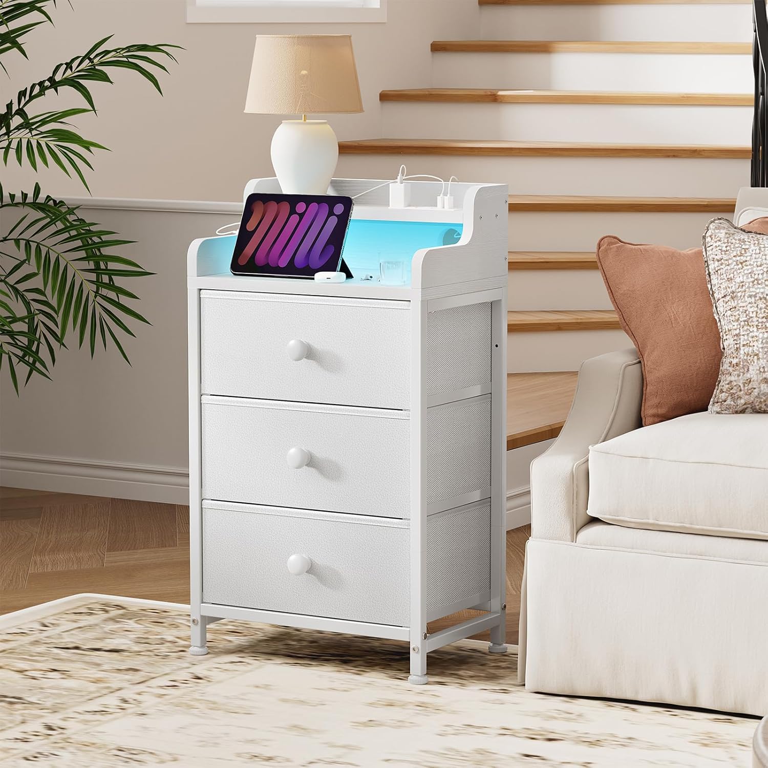 Nightstand with Charging Station, Tall White Night Stand with 3 Drawers and 2-Tier Shelf, Bedside Table with Sturdy Steel Frame Wood Top for Bedroom, Living Room, Hallway-White
