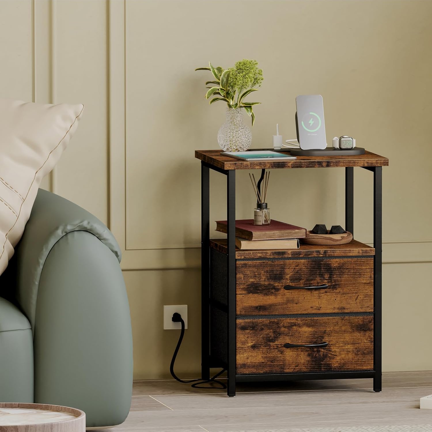 Night Stand with Charging Station, Nightstand with Fabric Drawers, Bedside Table for Bedroom, Rustic Brown and Black