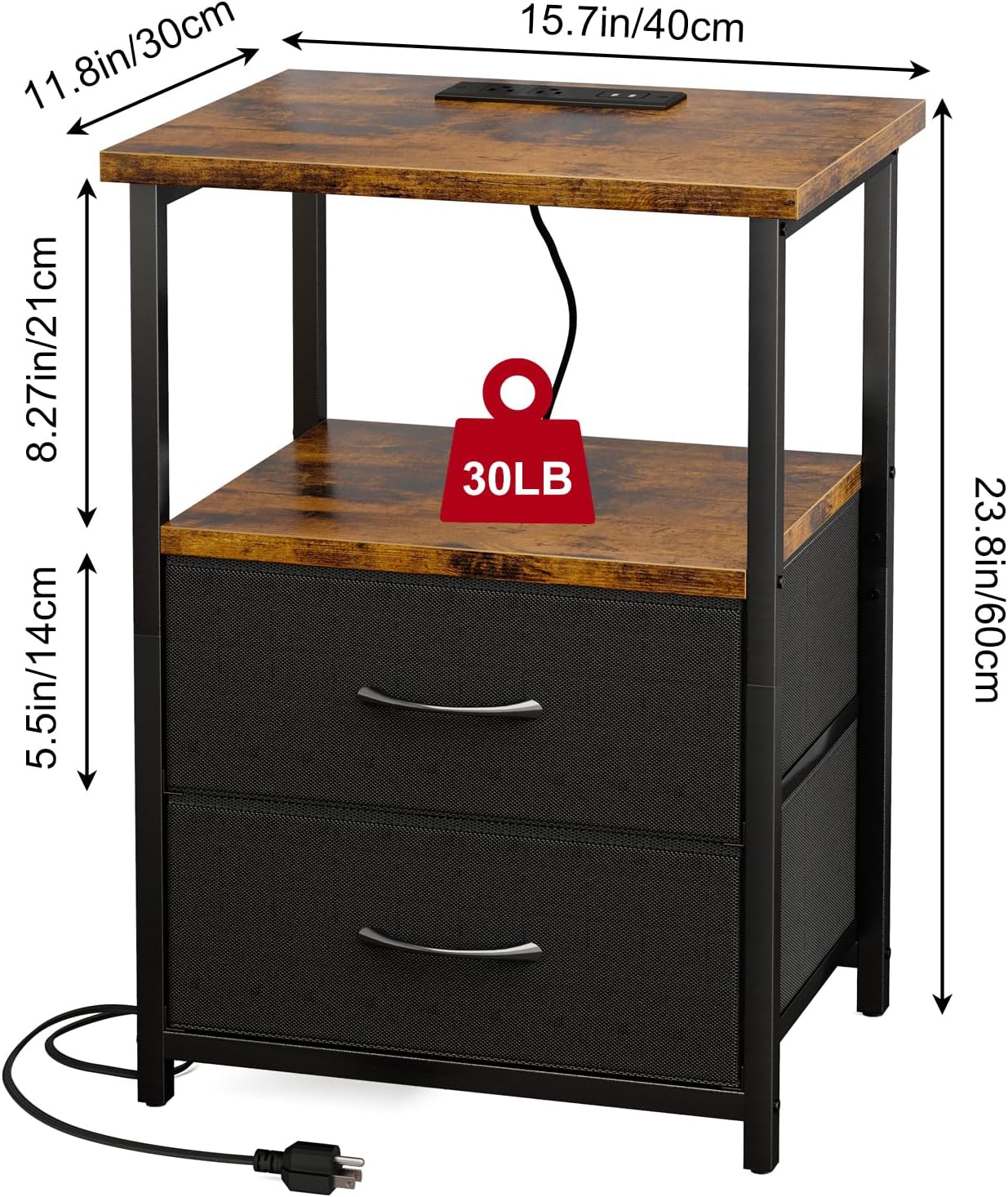 Night Stand with Charging Station, Nightstand with Fabric Drawers, Bedside Table for Bedroom, Rustic Brown and Black