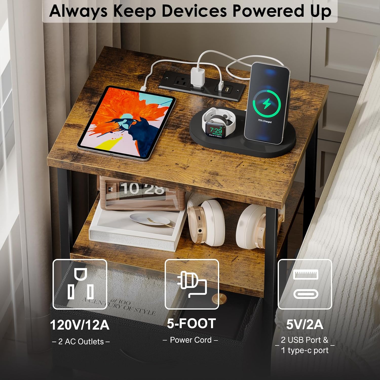 Night Stand with Charging Station, Nightstand with Fabric Drawers, Bedside Table for Bedroom, Rustic Brown and Black