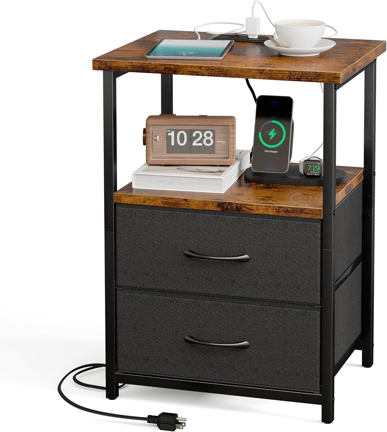 Night Stand with Charging Station, Nightstand with Fabric Drawers, Bedside Table for Bedroom, Rustic Brown and Black