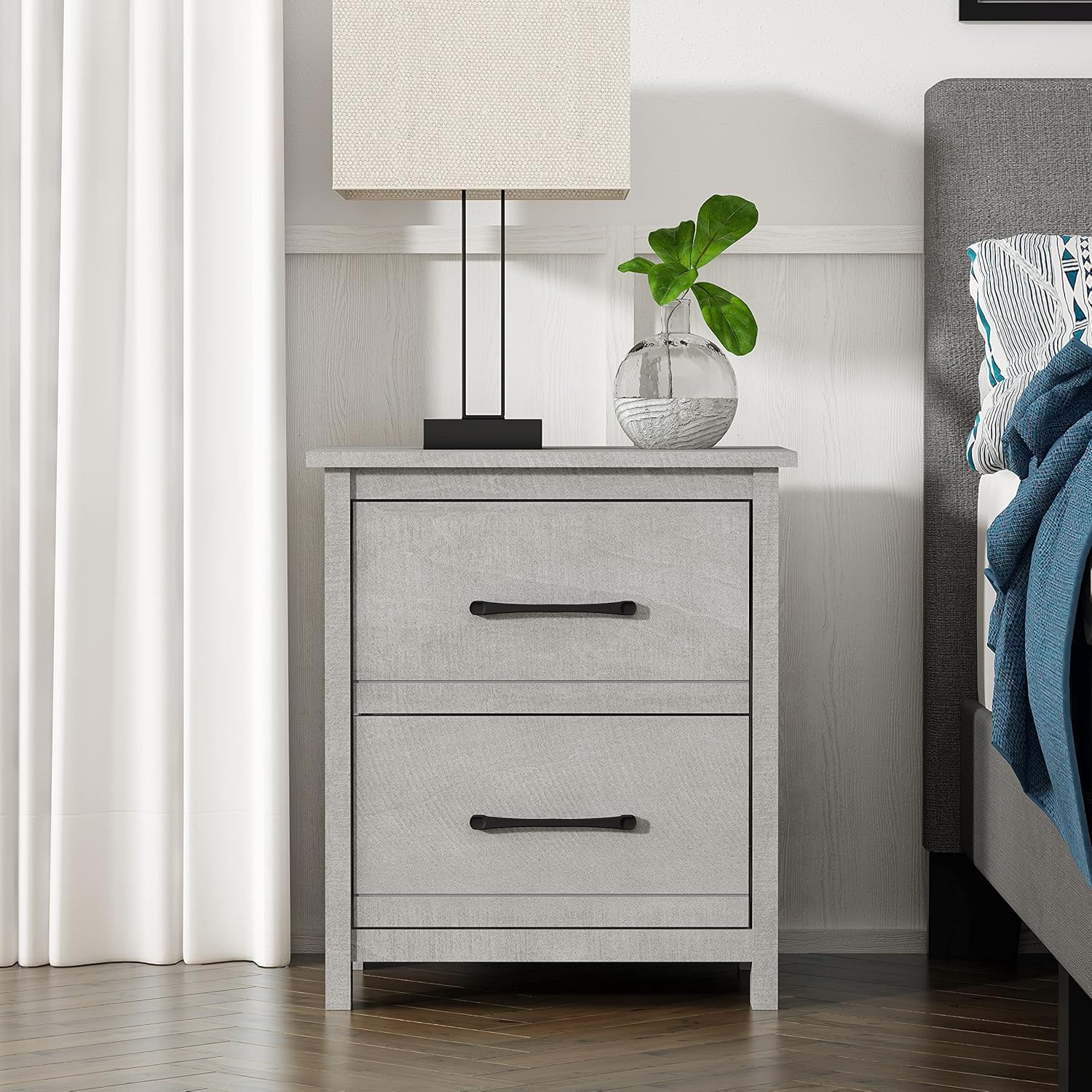 2 Drawer Nightstand, Bedside Table, Night Stand, End Table, Sofa Side Table for Bedroom, 15.8" D x 19" W x 21.9" H, Dusty Grey Oak