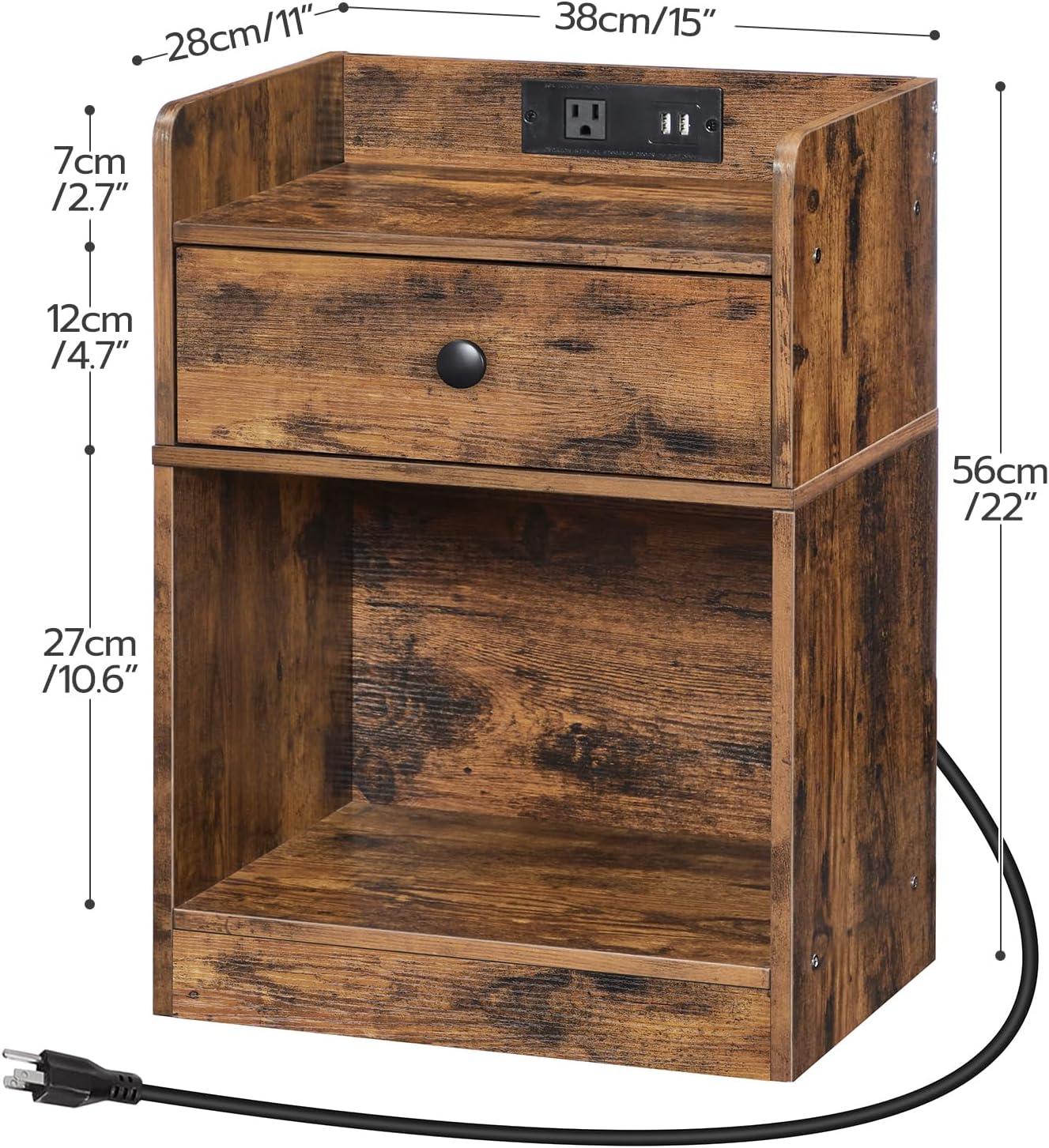 Nightstand with Charging Station, End Table with Drawer and Opening Shelf, Side Table with USB Ports and Outlets, Bedside Table for Bedroom, Small Night Stand, Rustic Brown