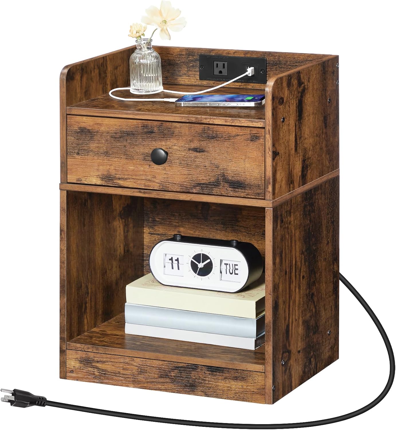 Nightstand with Charging Station, End Table with Drawer and Opening Shelf, Side Table with USB Ports and Outlets, Bedside Table for Bedroom, Small Night Stand, Rustic Brown