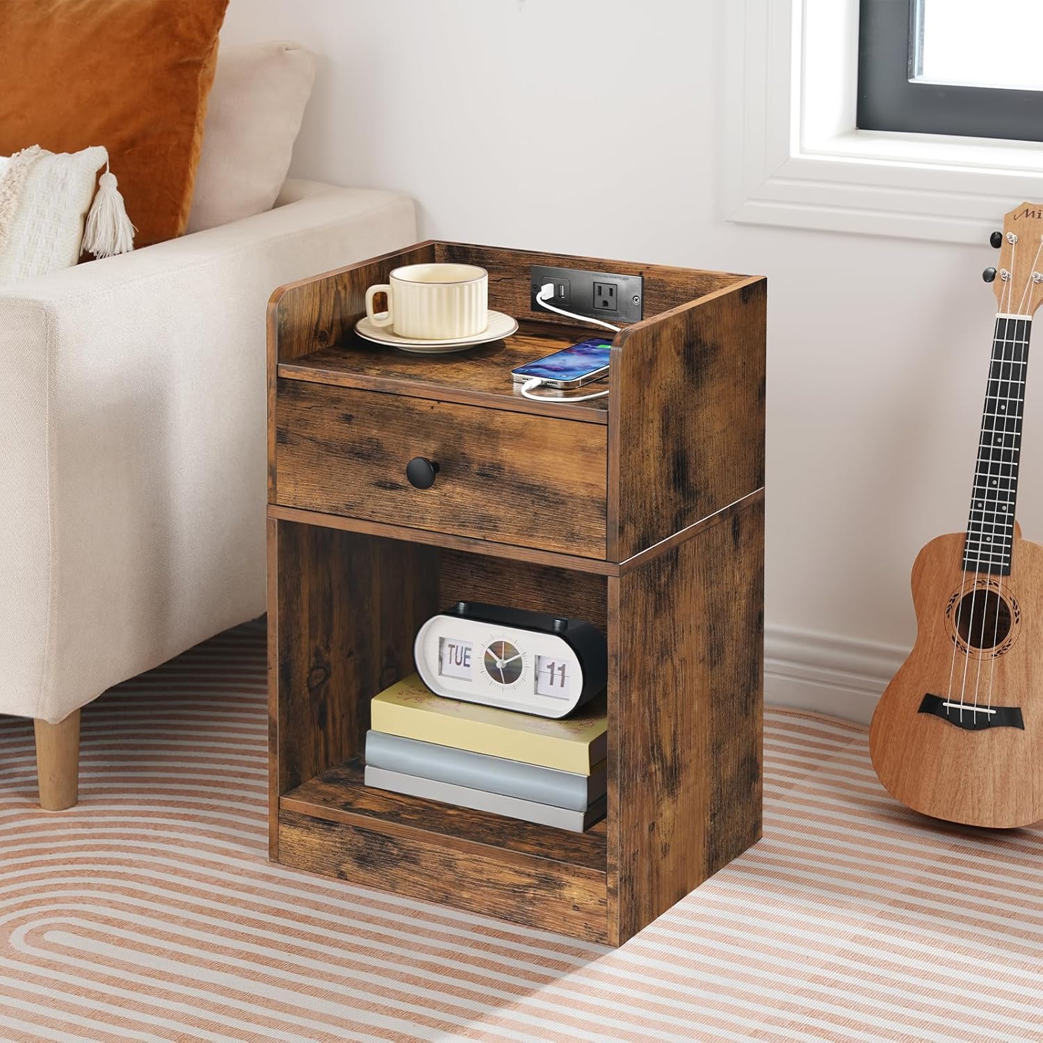 Nightstand with Charging Station, End Table with Drawer and Opening Shelf, Side Table with USB Ports and Outlets, Bedside Table for Bedroom, Small Night Stand, Rustic Brown