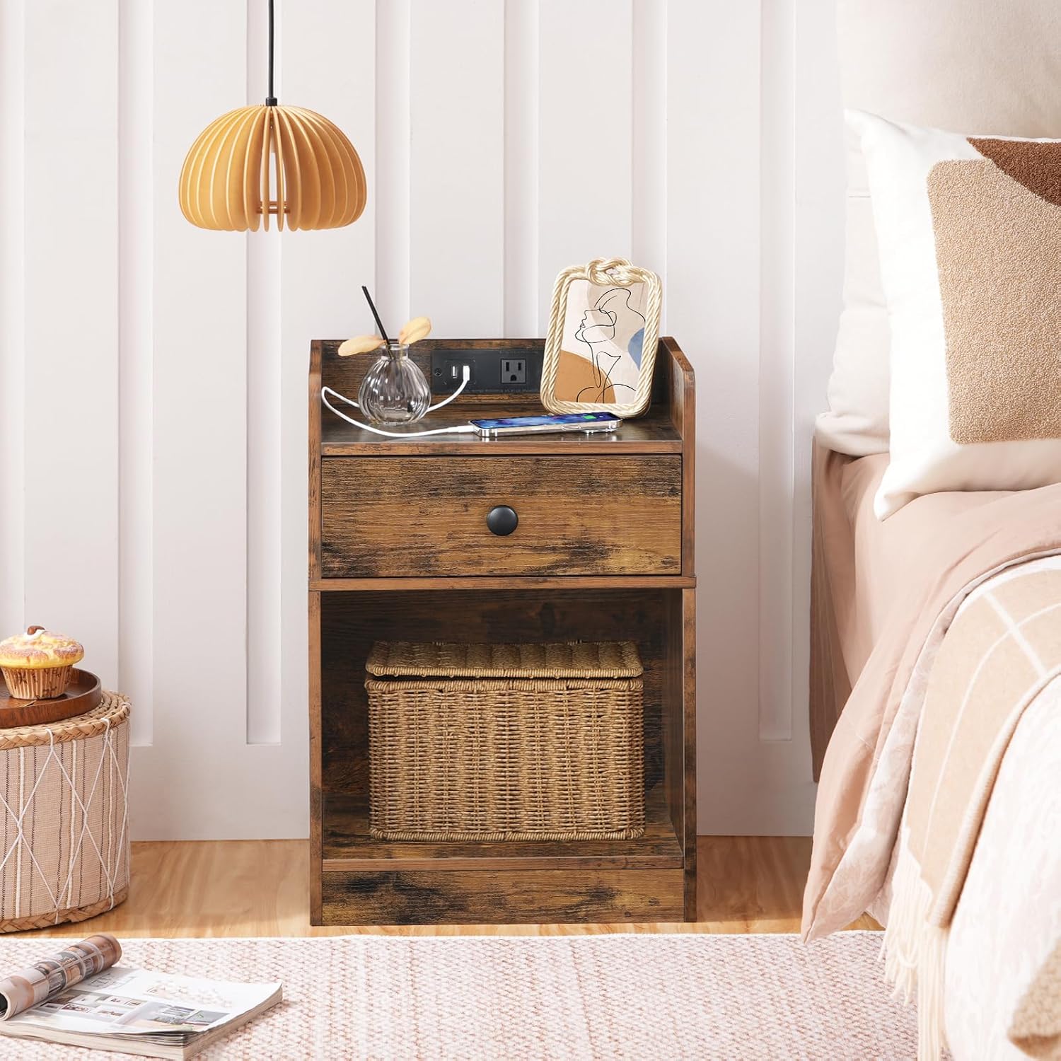Nightstand with Charging Station, End Table with Drawer and Opening Shelf, Side Table with USB Ports and Outlets, Bedside Table for Bedroom, Small Night Stand, Rustic Brown