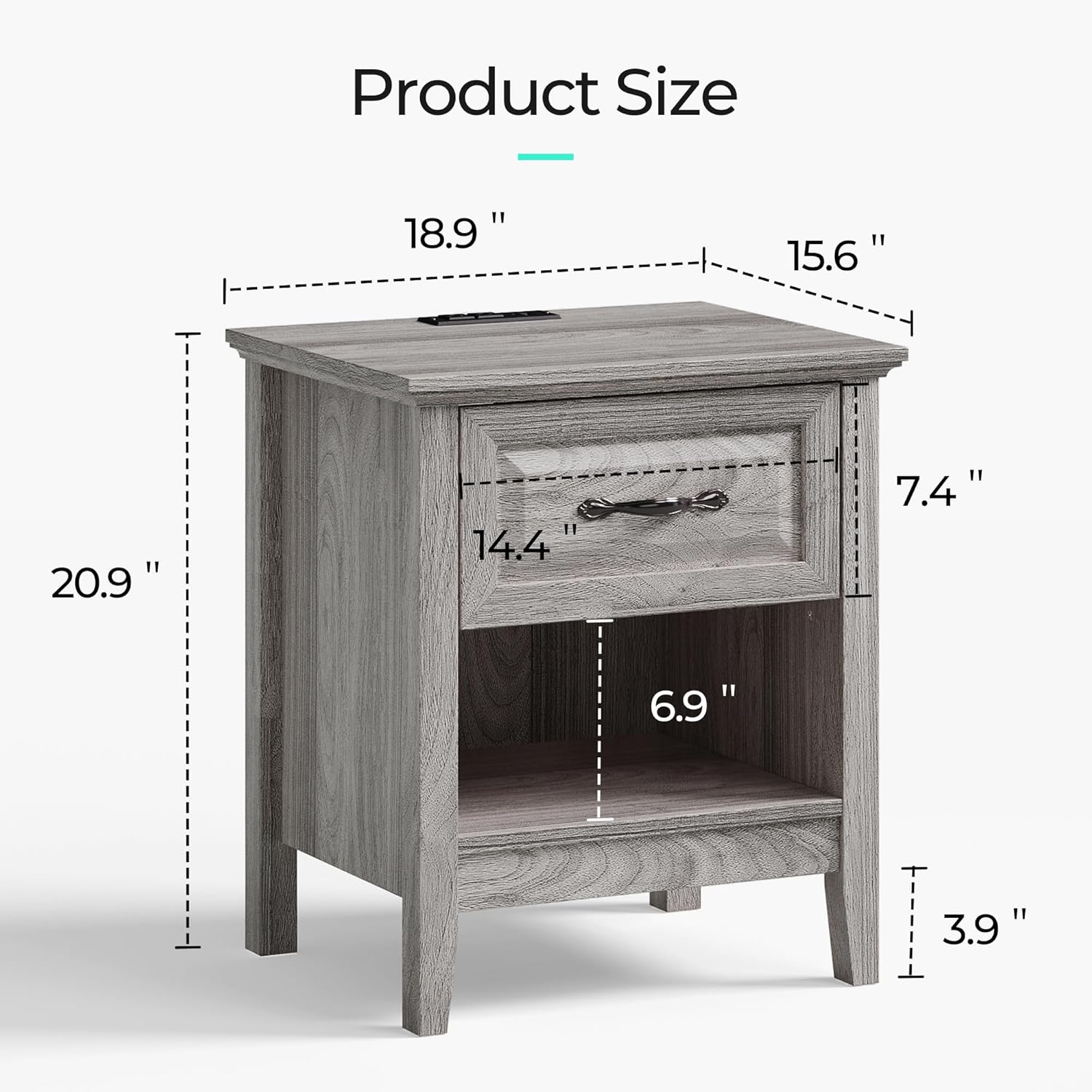 Night Stand 18.9" Farmhouse Wood Night Stand with Type-C Charging Station Open Storage Shelf Nightstands with Drawer Side Table End Table for Bedroom Living Room Sofa Couch Office Grey