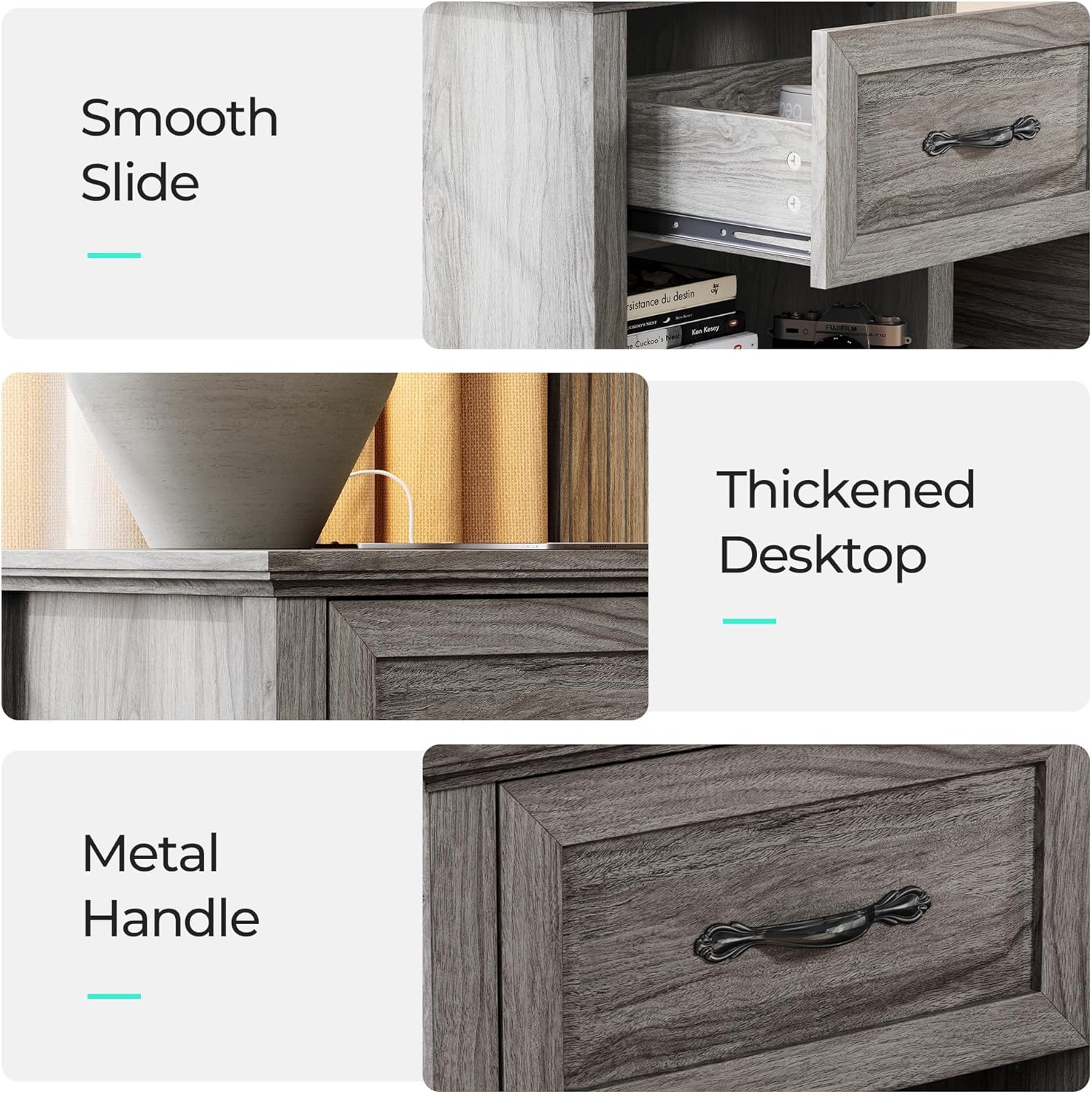 Night Stand 18.9" Farmhouse Wood Night Stand with Type-C Charging Station Open Storage Shelf Nightstands with Drawer Side Table End Table for Bedroom Living Room Sofa Couch Office Grey
