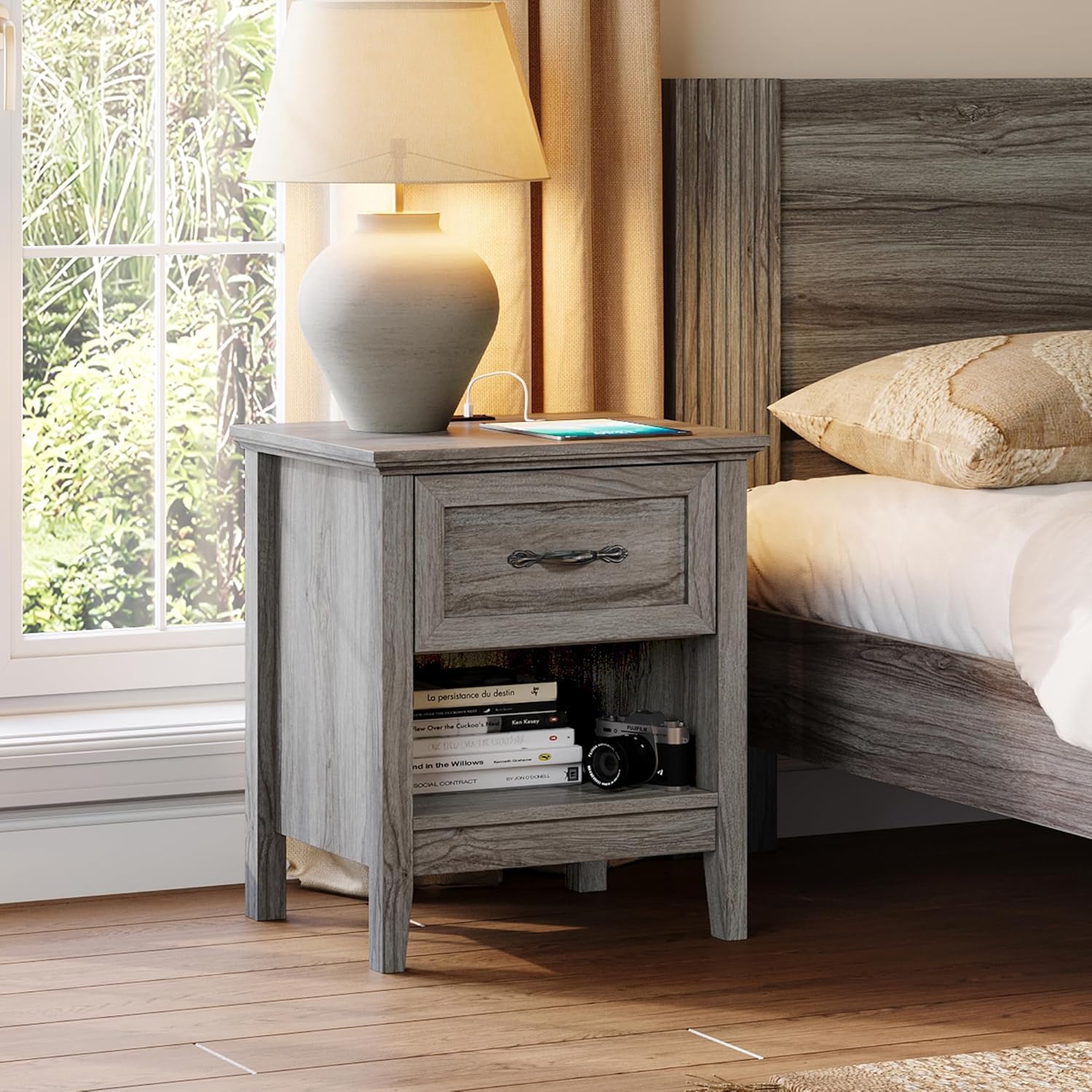 Night Stand 18.9" Farmhouse Wood Night Stand with Type-C Charging Station Open Storage Shelf Nightstands with Drawer Side Table End Table for Bedroom Living Room Sofa Couch Office Grey