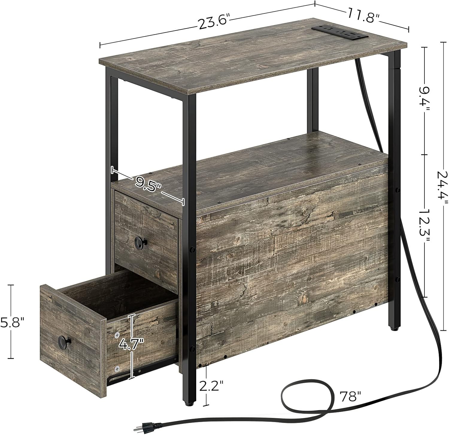 End Table with Charging Station, Narrow Side Table with 2 Wooden Drawers, USB Ports and Power Outlets, Nightstand Sofa Table for Small Spaces, Living Room, Bedroom, Gray