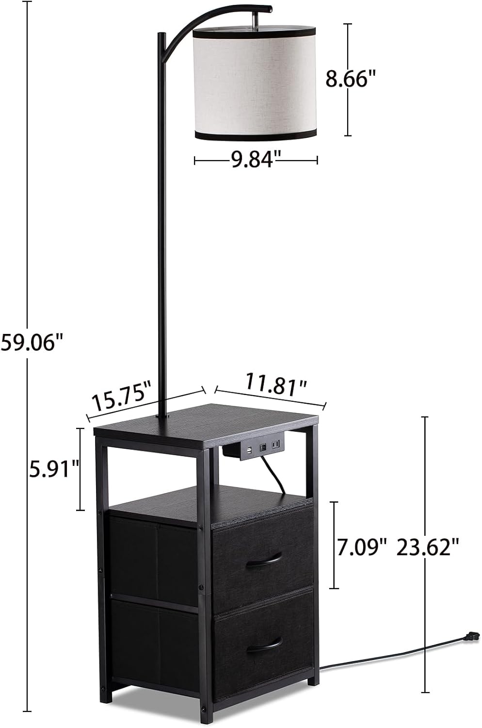 Floor Lamp with Table & 2 Drawers, Lamp with USB Port and Outlet, Lamps for Nightstand with 3 Color Temperature Led Bulb Included, Floor Lamps for Living Room, Bedroom and Home Office, Black