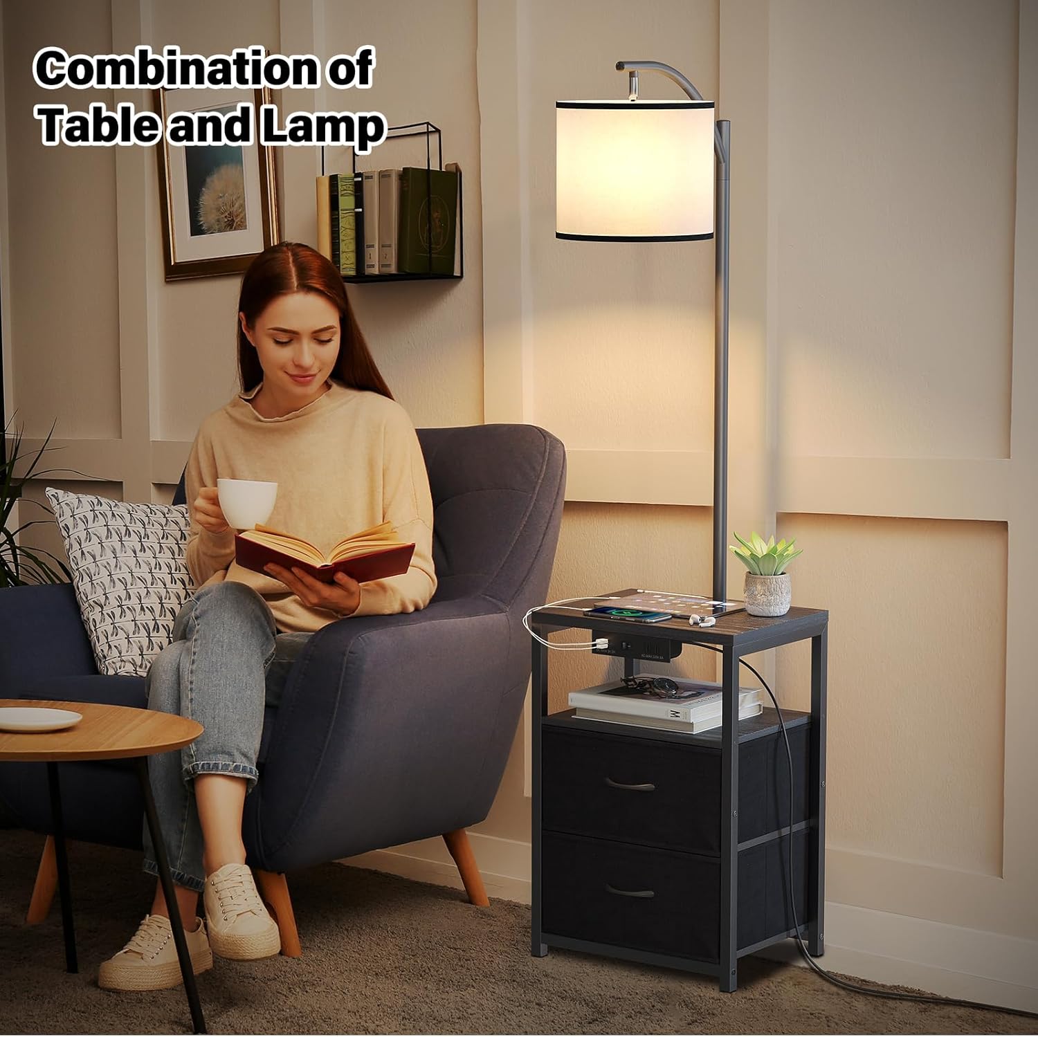 Floor Lamp with Table & 2 Drawers, Lamp with USB Port and Outlet, Lamps for Nightstand with 3 Color Temperature Led Bulb Included, Floor Lamps for Living Room, Bedroom and Home Office, Black