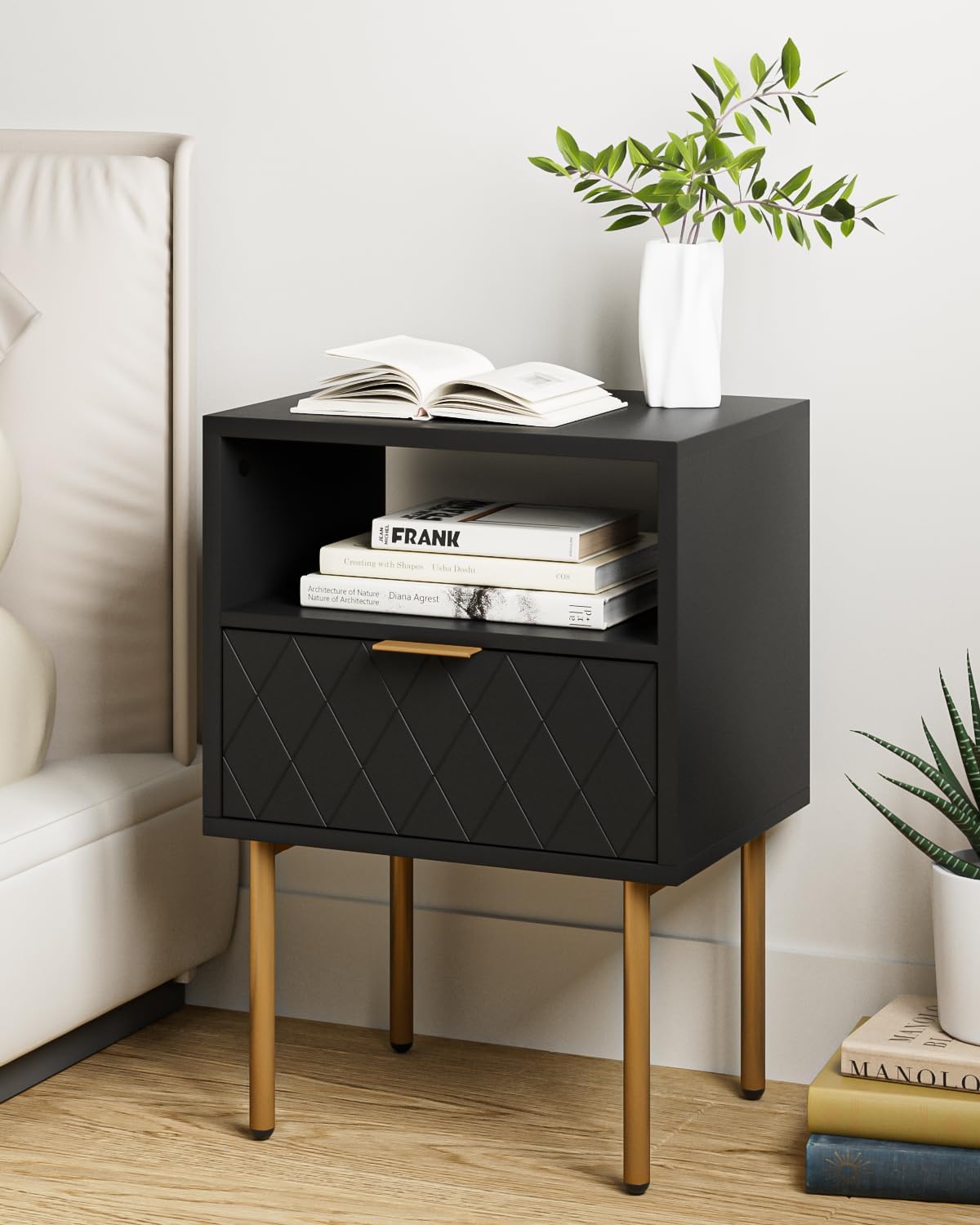 Night Stand, Modern Nightstand with Drawers, Bedside Table, Gold Small Side Table for Bedroom, Living Room End Table (Black Diamond, 1 Drawer)