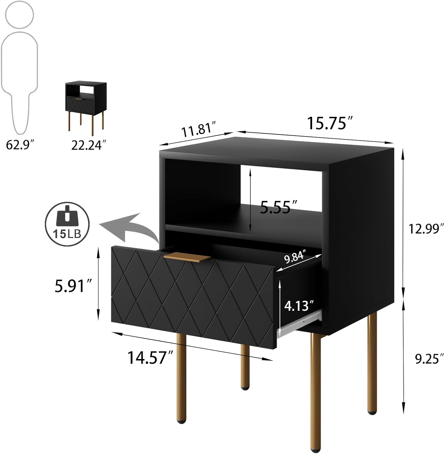 Night Stand, Modern Nightstand with Drawers, Bedside Table, Gold Small Side Table for Bedroom, Living Room End Table (Black Diamond, 1 Drawer)