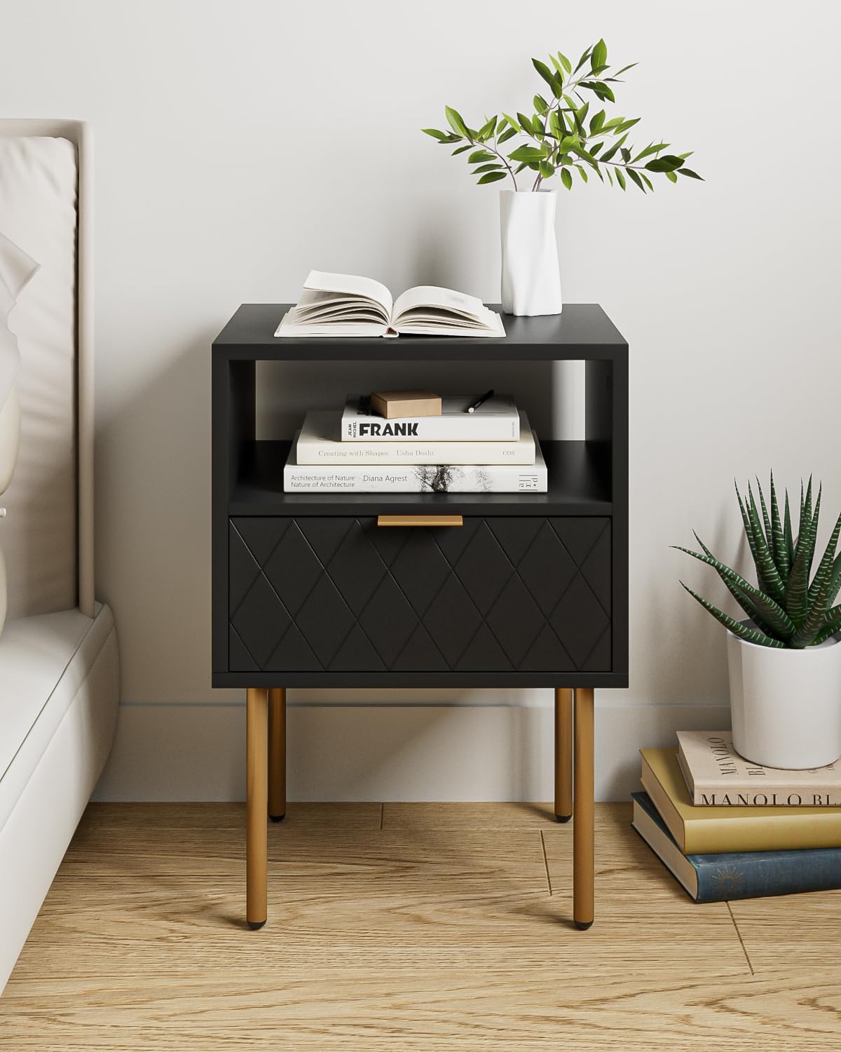 Night Stand, Modern Nightstand with Drawers, Bedside Table, Gold Small Side Table for Bedroom, Living Room End Table (Black Diamond, 1 Drawer)