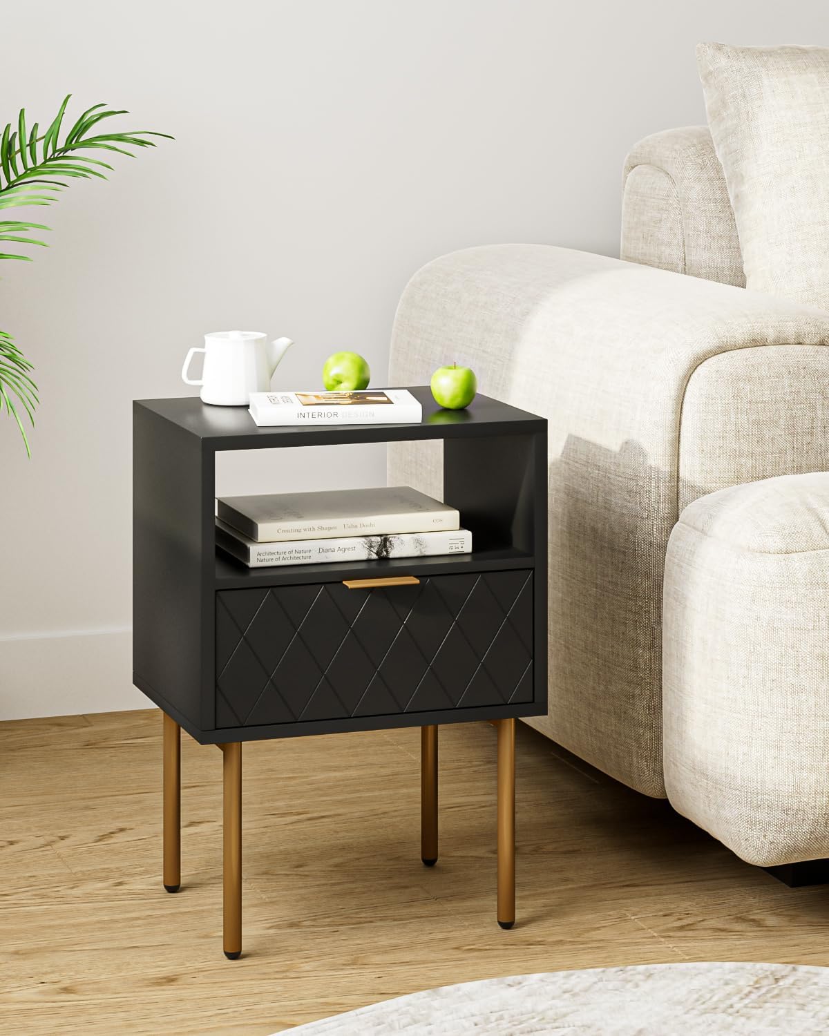 Night Stand, Modern Nightstand with Drawers, Bedside Table, Gold Small Side Table for Bedroom, Living Room End Table (Black Diamond, 1 Drawer)