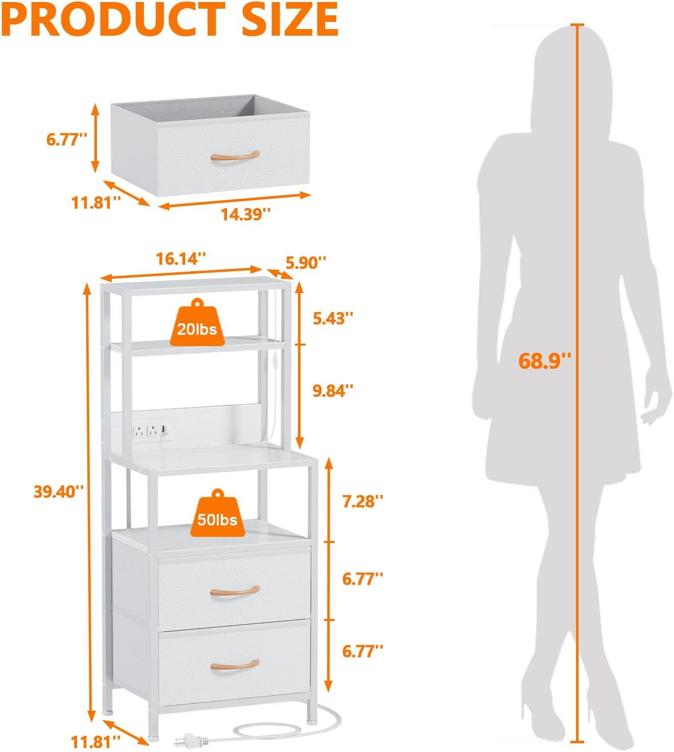 Tall Night Stand,White Nightstand with Charger Station and Light Tube,3 PU Fabric Drawers and 4 Tier Shelf, White Bed Side Table End Table for Bedroom, Home Office, Dorm