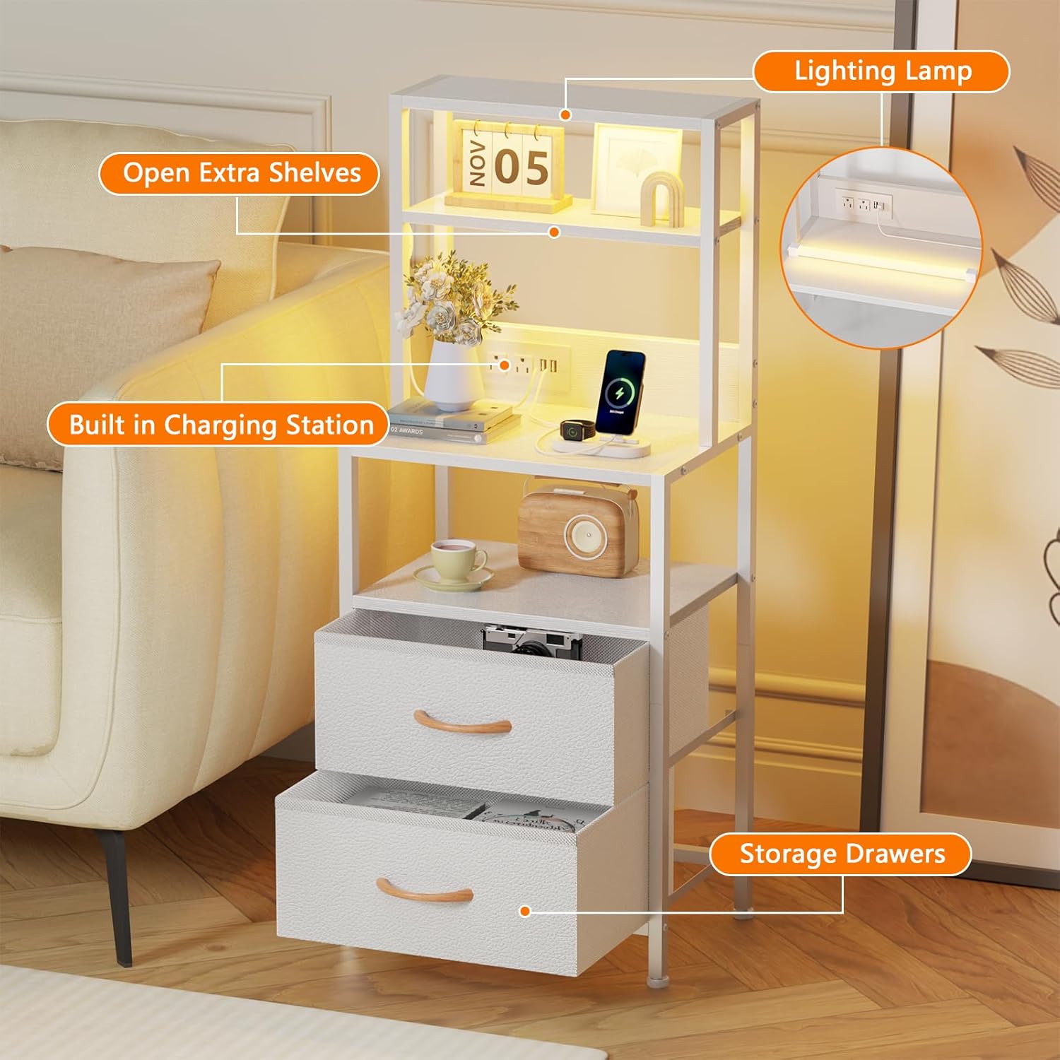 Tall Night Stand,White Nightstand with Charger Station and Light Tube,3 PU Fabric Drawers and 4 Tier Shelf, White Bed Side Table End Table for Bedroom, Home Office, Dorm