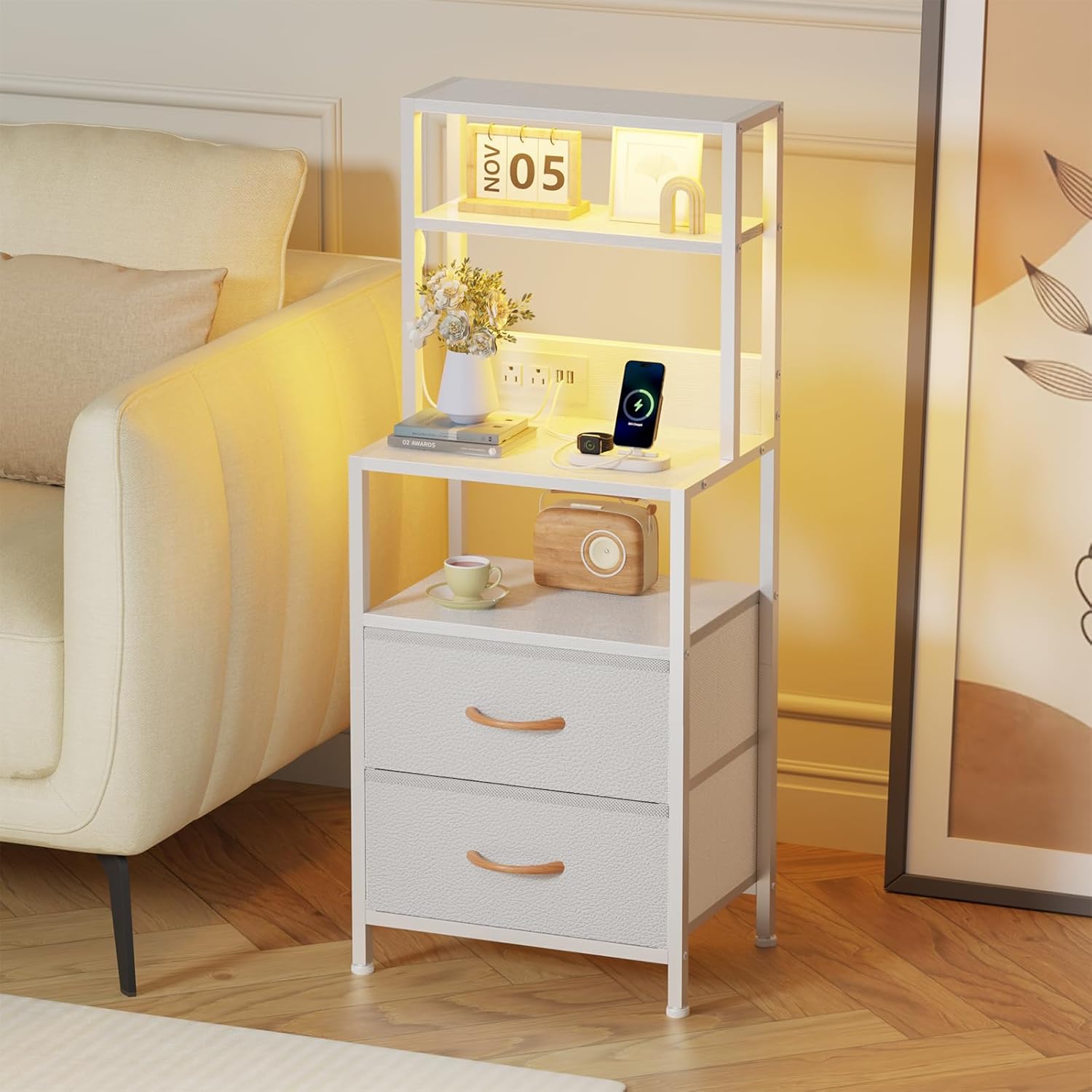 Tall Night Stand,White Nightstand with Charger Station and Light Tube,3 PU Fabric Drawers and 4 Tier Shelf, White Bed Side Table End Table for Bedroom, Home Office, Dorm