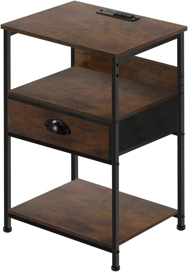 Bed Side Table with Charging Station 3-Tier Storage Industrial nightstand with Drawers Good for Bedroom Living Room Rustic Brown